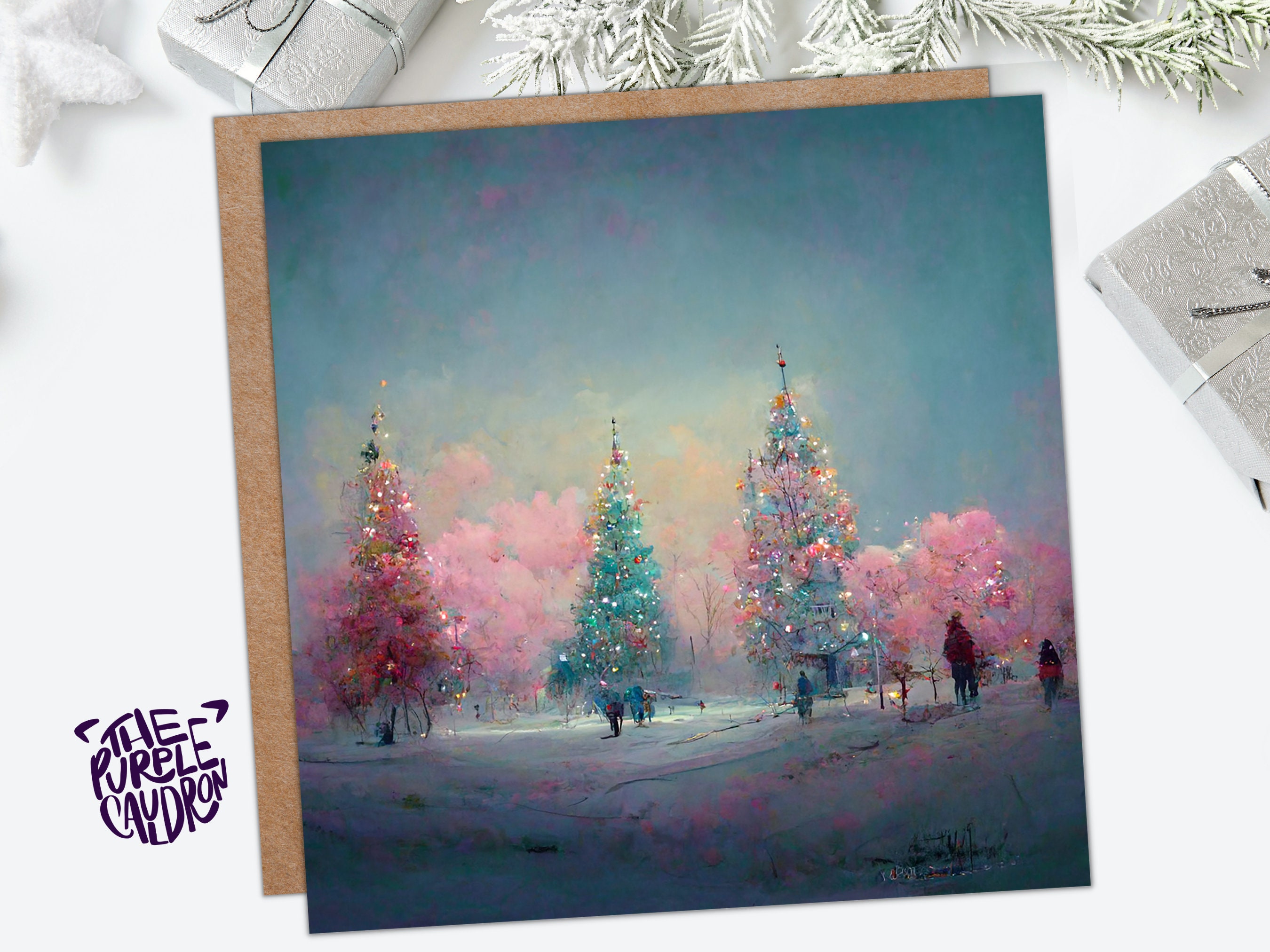 Pastel Christmas Trees Card Whimsical Snow Scene in Shades of Pink & Blue 1, 5, or 10 Pack Impressionist Greetings Family Friends Xmas 2024 - View 5