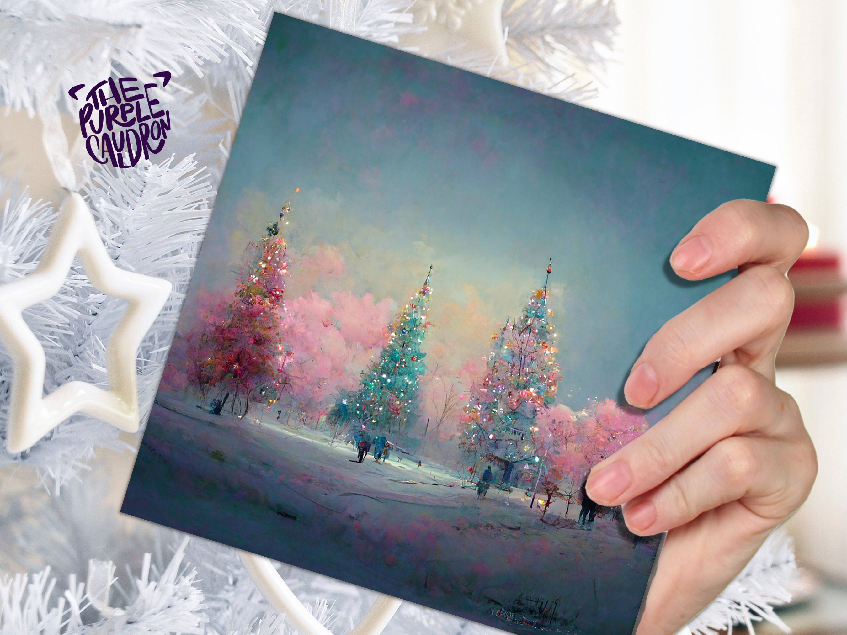 Pastel Christmas Trees Card Whimsical Snow Scene in Shades of Pink & Blue 1, 5, or 10 Pack Impressionist Greetings Family Friends Xmas 2024 - View 8