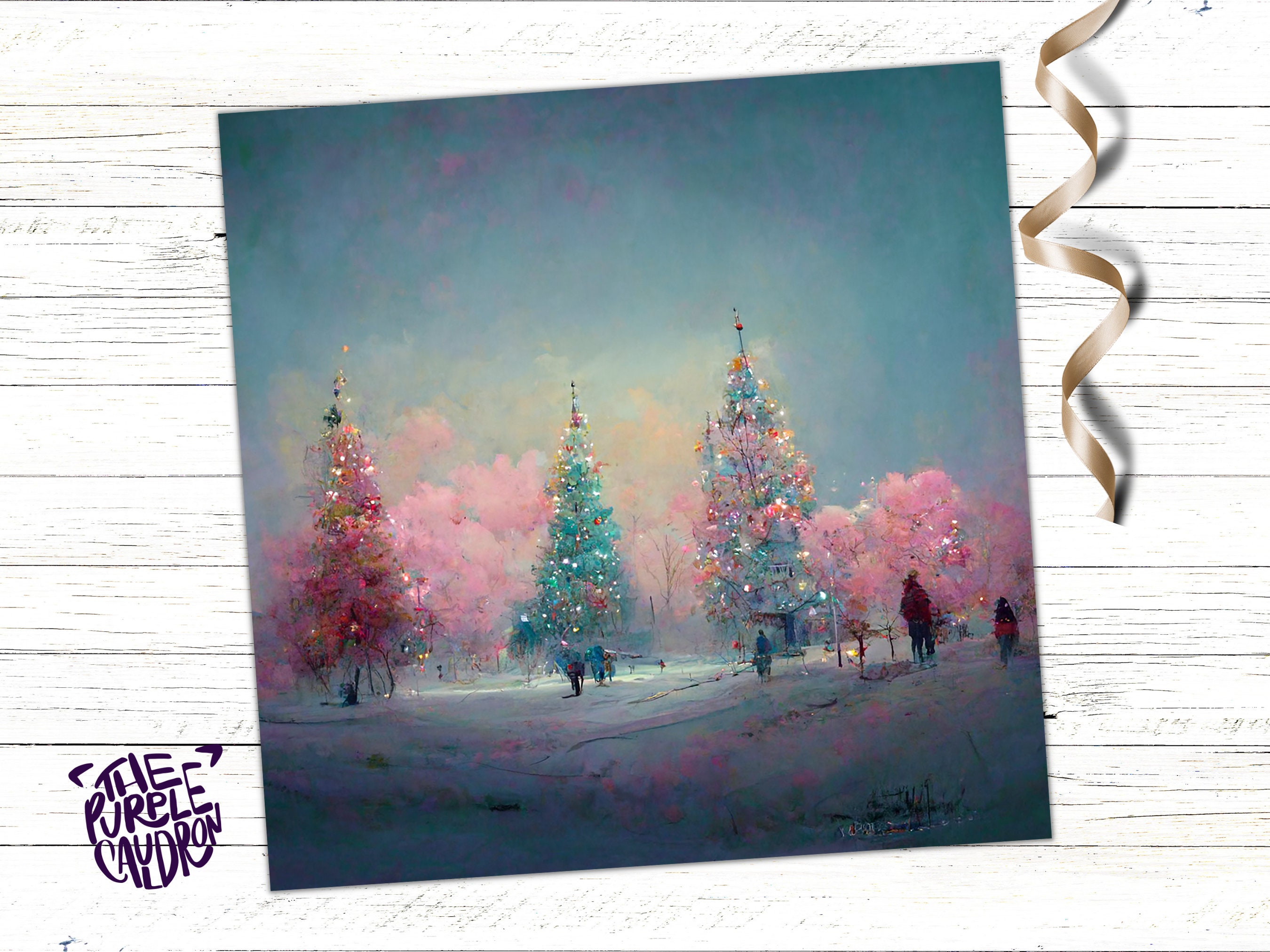 Pastel Christmas Trees Card Whimsical Snow Scene in Shades of Pink & Blue 1, 5, or 10 Pack Impressionist Greetings Family Friends Xmas 2024