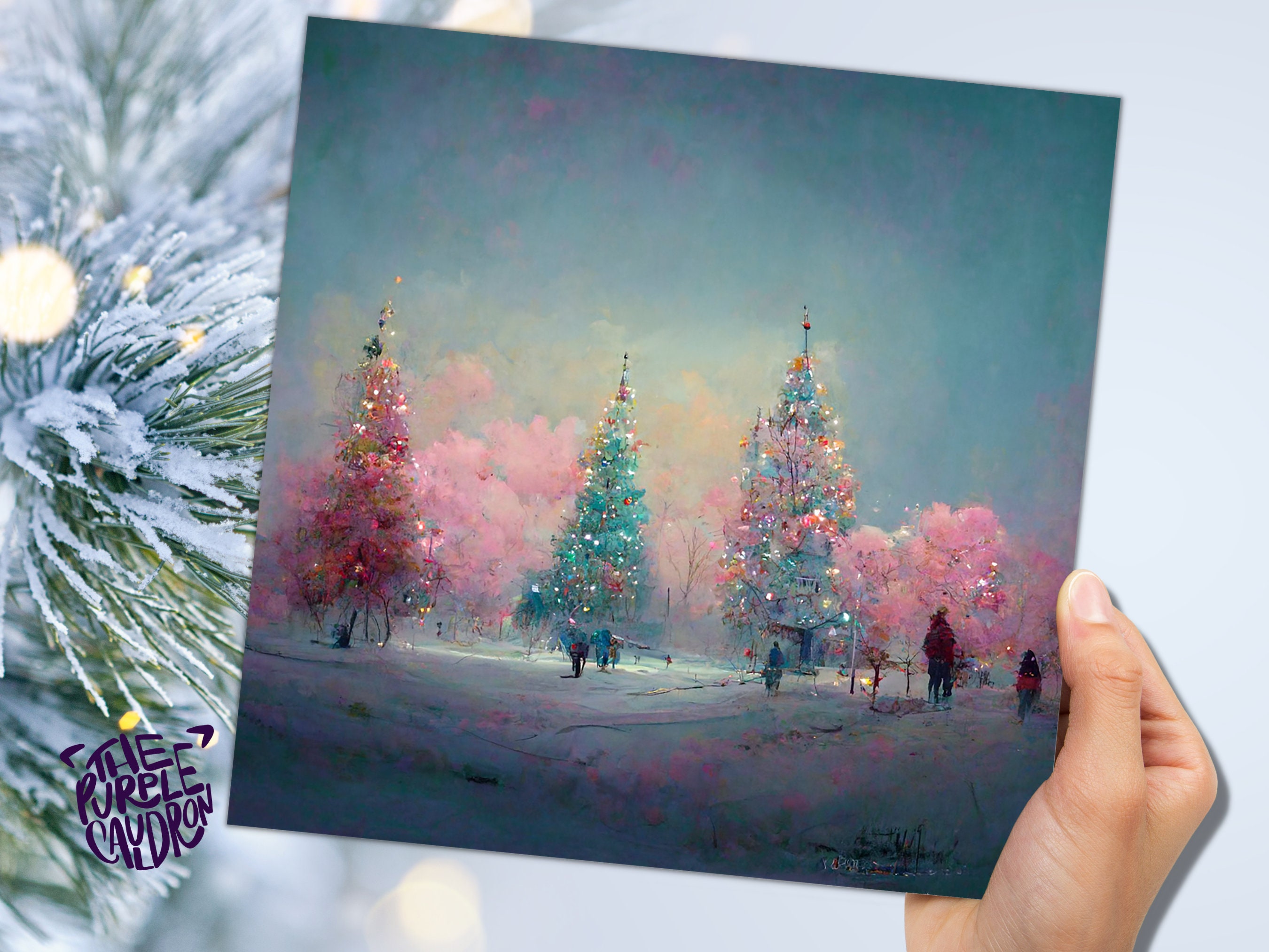 Pastel Christmas Trees Card Whimsical Snow Scene in Shades of Pink & Blue 1, 5, or 10 Pack Impressionist Greetings Family Friends Xmas 2024 - View 3