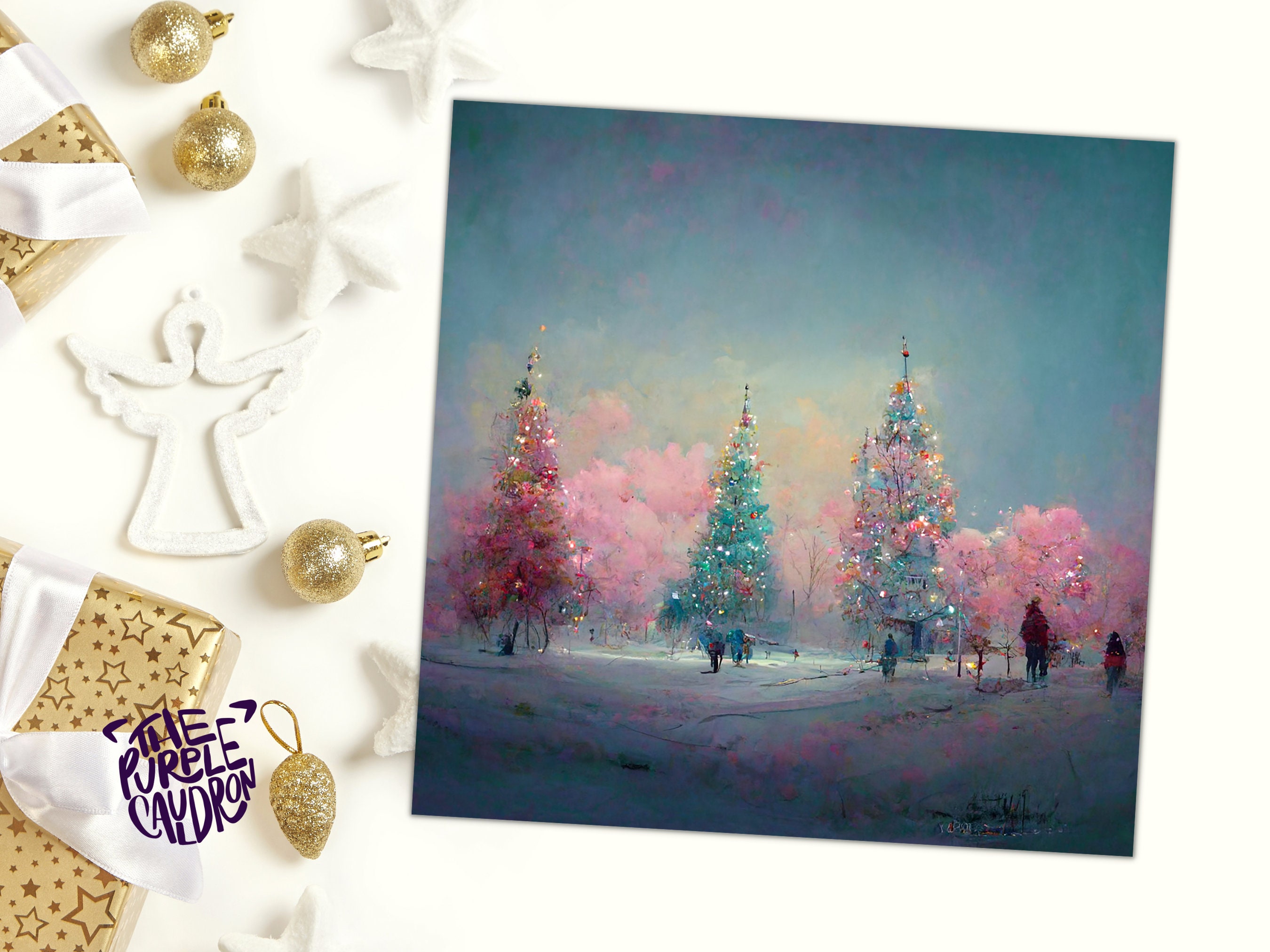 Pastel Christmas Trees Card Whimsical Snow Scene in Shades of Pink & Blue 1, 5, or 10 Pack Impressionist Greetings Family Friends Xmas 2024 - View 7