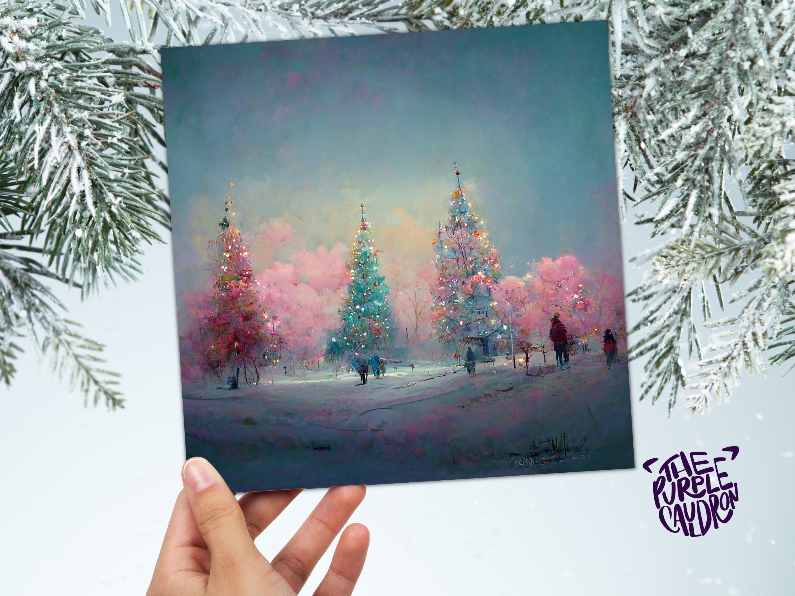 Pastel Christmas Trees Card Whimsical Snow Scene in Shades of Pink & Blue 1, 5, or 10 Pack Impressionist Greetings Family Friends Xmas 2024 - View 4