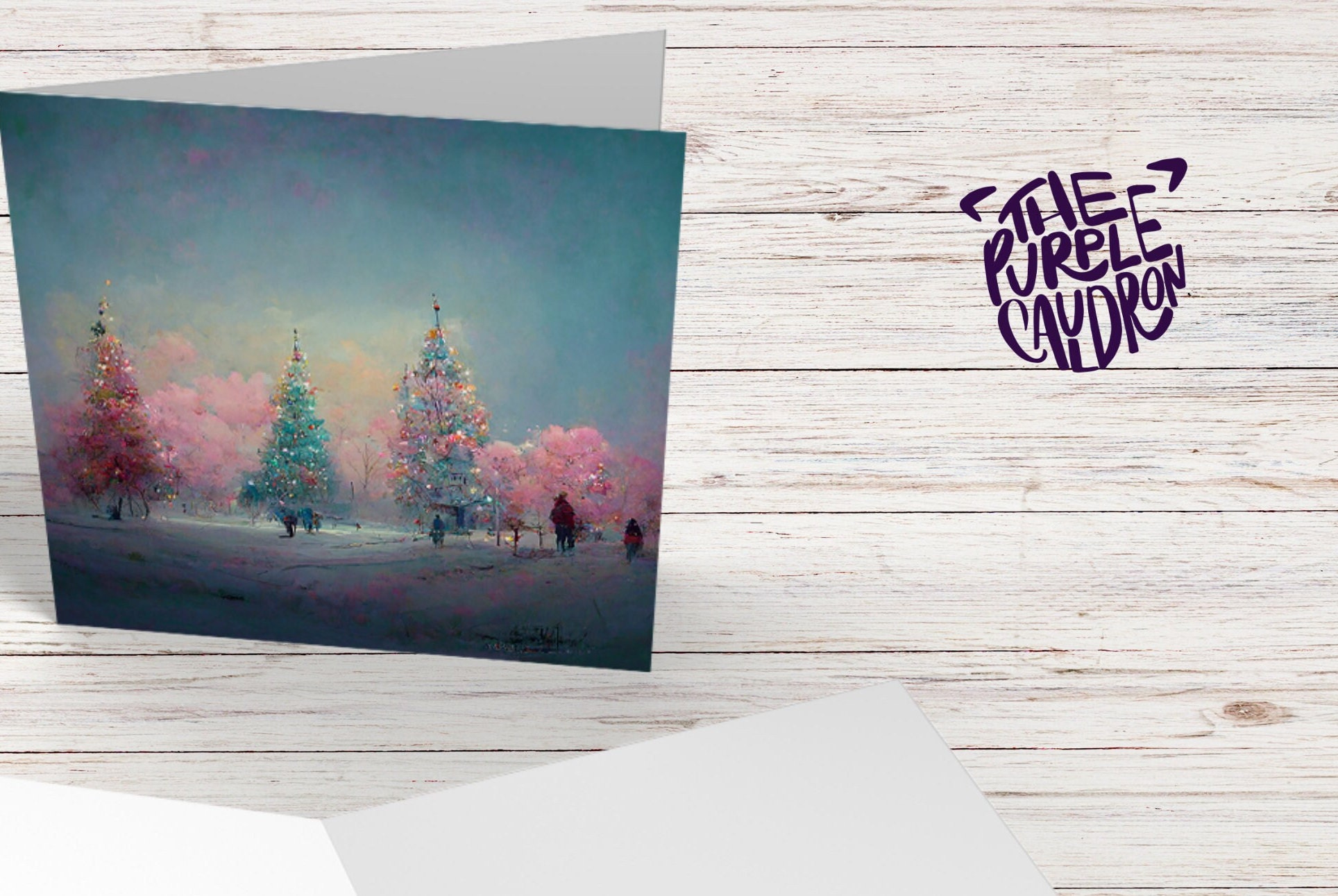 Pastel Christmas Trees Card Whimsical Snow Scene in Shades of Pink & Blue 1, 5, or 10 Pack Impressionist Greetings Family Friends Xmas 2024 - View 2