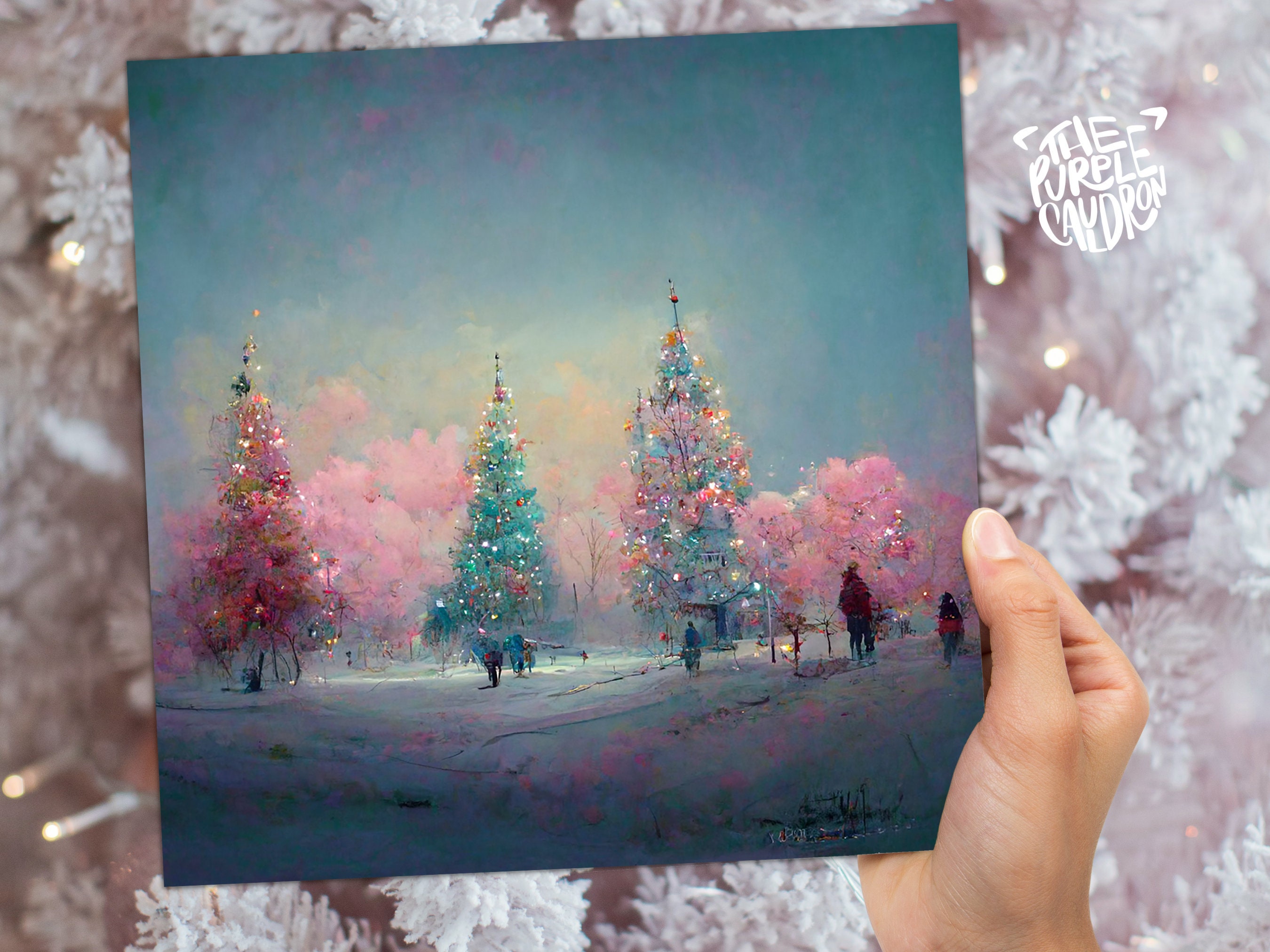 Pastel Christmas Trees Card Whimsical Snow Scene in Shades of Pink & Blue 1, 5, or 10 Pack Impressionist Greetings Family Friends Xmas 2024 - View 6