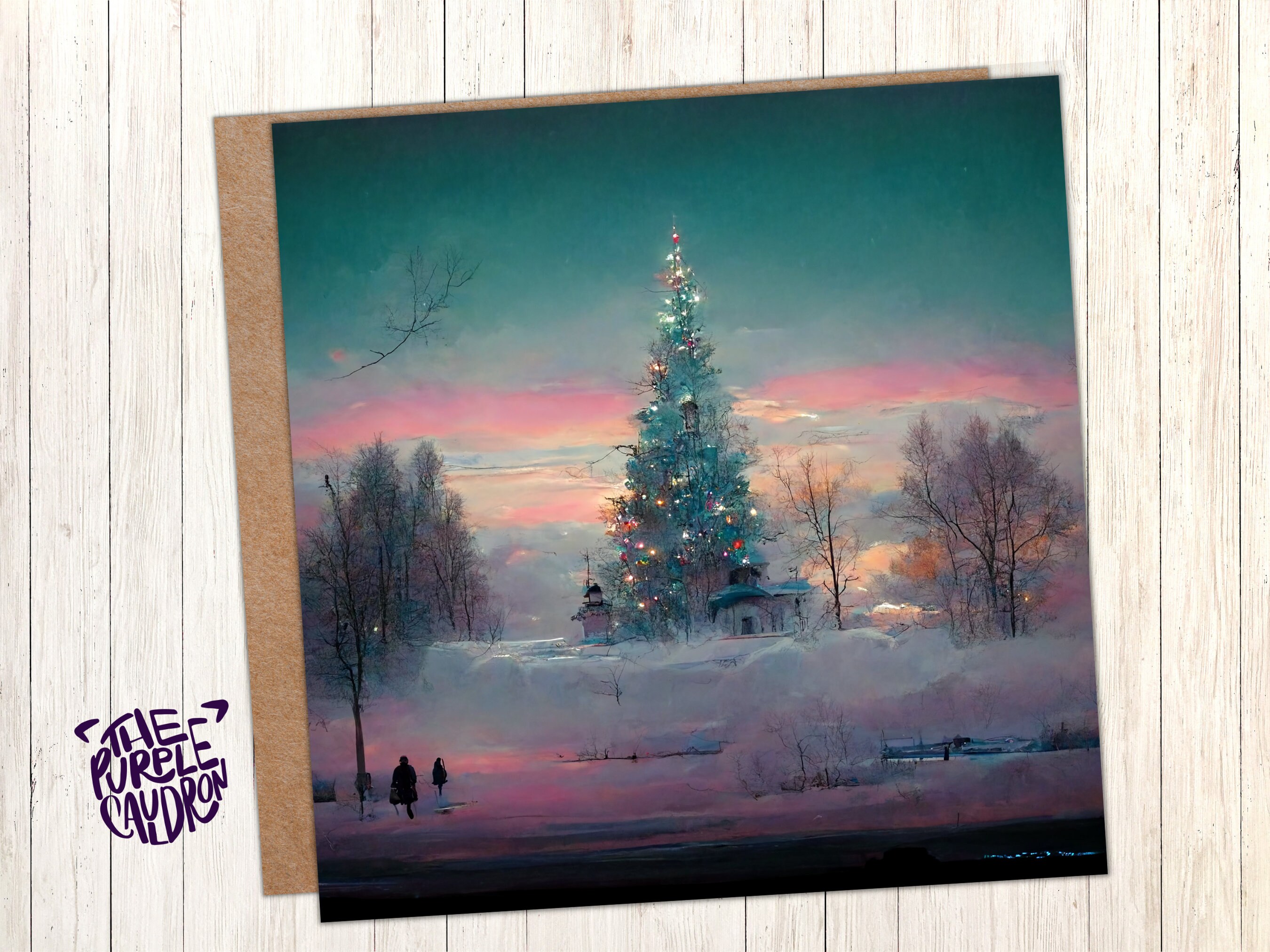 Pastel Christmas Card Whimsical Impressionist Winter Snow Scene Shades of Pink, Teal, & Purple 1, 5, or 10 Pack Greetings Friends Xmas 2024 - View 2