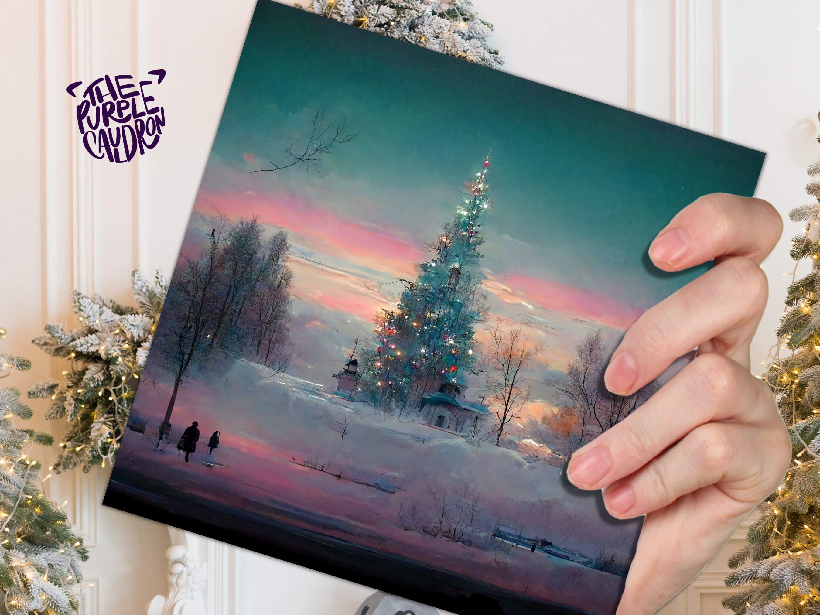 Pastel Christmas Card Whimsical Impressionist Winter Snow Scene Shades of Pink, Teal, & Purple 1, 5, or 10 Pack Greetings Friends Xmas 2024 - View 3