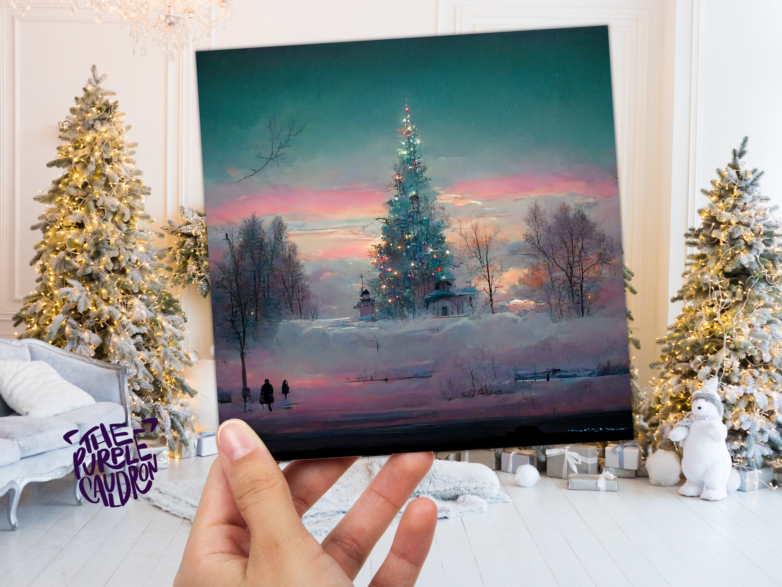 Pastel Christmas Card Whimsical Impressionist Winter Snow Scene Shades of Pink, Teal, & Purple 1, 5, or 10 Pack Greetings Friends Xmas 2024 - View 4