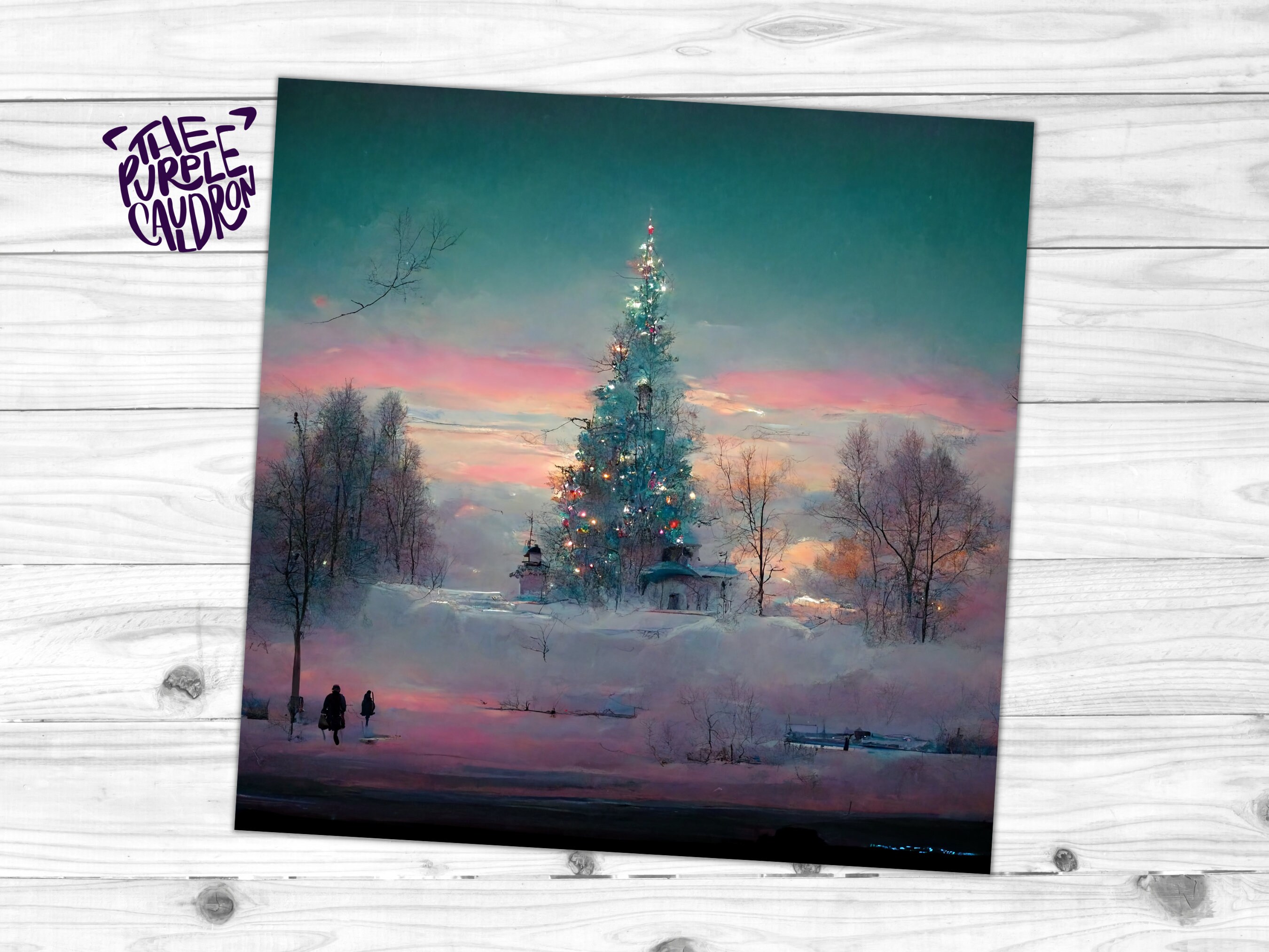 Pastel Christmas Card Whimsical Impressionist Winter Snow Scene Shades of Pink, Teal, & Purple 1, 5, or 10 Pack Greetings Friends Xmas 2024 - View 5