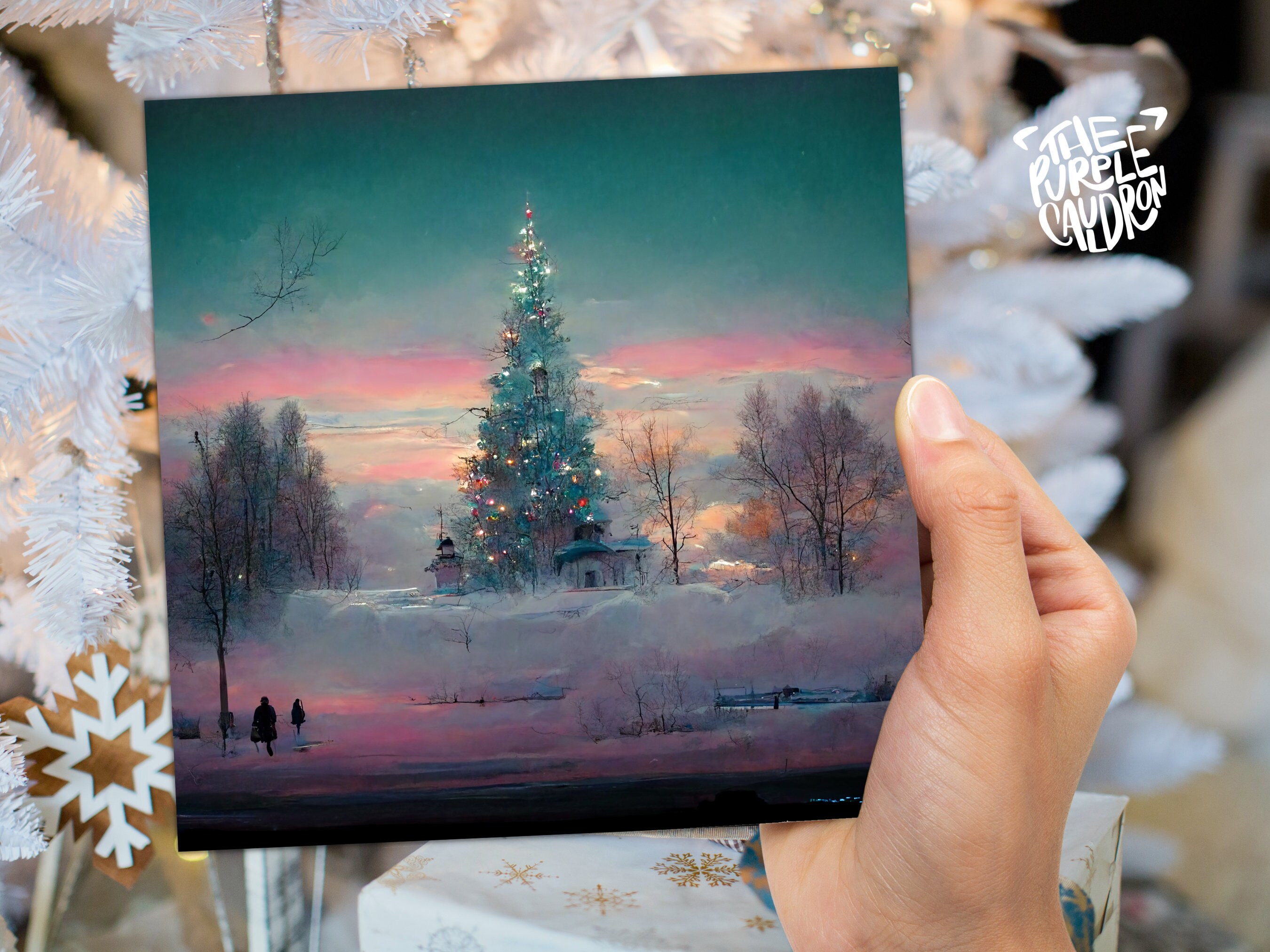 Pastel Christmas Card Whimsical Impressionist Winter Snow Scene Shades of Pink, Teal, & Purple 1, 5, or 10 Pack Greetings Friends Xmas 2024 - View 6