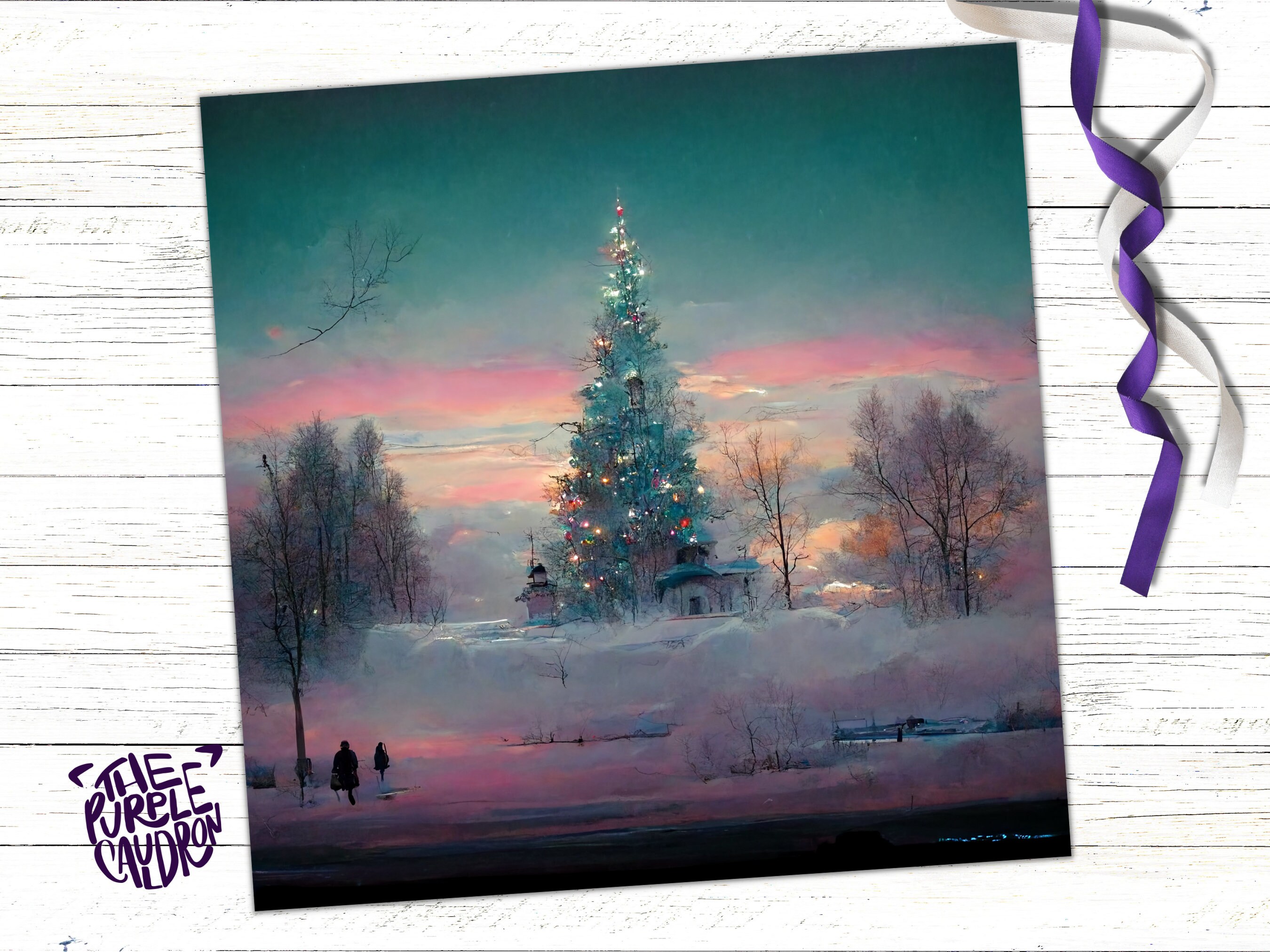 Pastel Christmas Card Whimsical Impressionist Winter Snow Scene Shades of Pink, Teal, & Purple 1, 5, or 10 Pack Greetings Friends Xmas 2024 - View 7