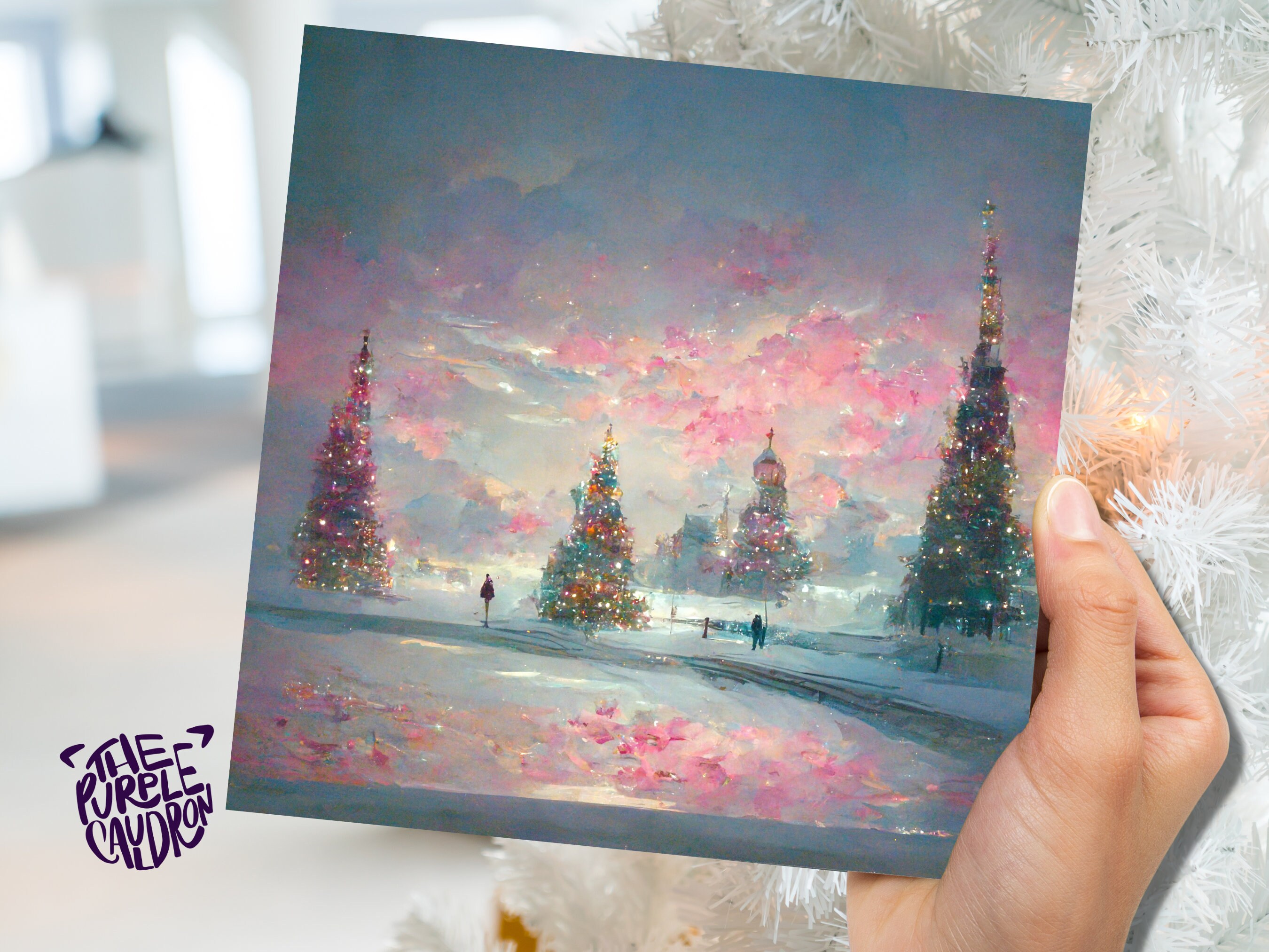 Pastel Christmas Card Winter Scene Impressionist Landscape Snow Shades of Pink, Teal, & Purple 1, 5, or 10 Pack Greetings Friends Xmas 2024