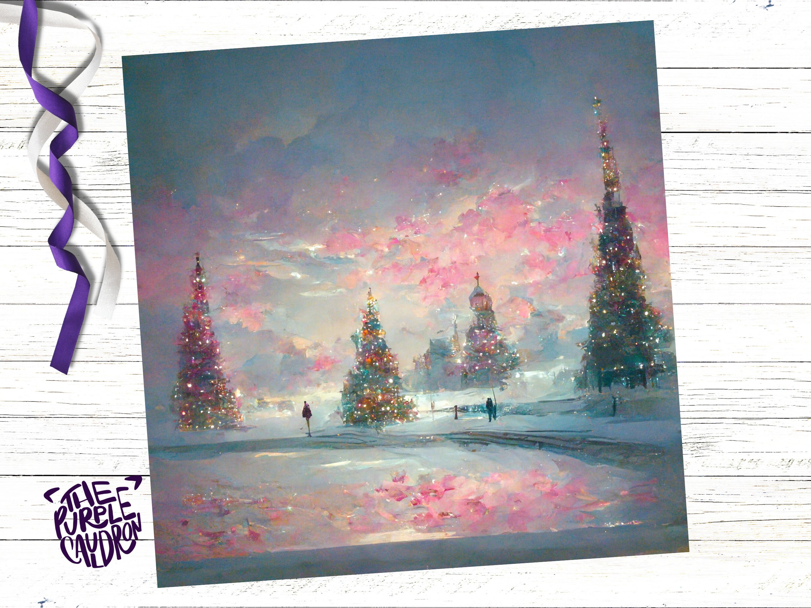 Pastel Christmas Card Winter Scene Impressionist Landscape Snow Shades of Pink, Teal, & Purple 1, 5, or 10 Pack Greetings Friends Xmas 2024 - View 2