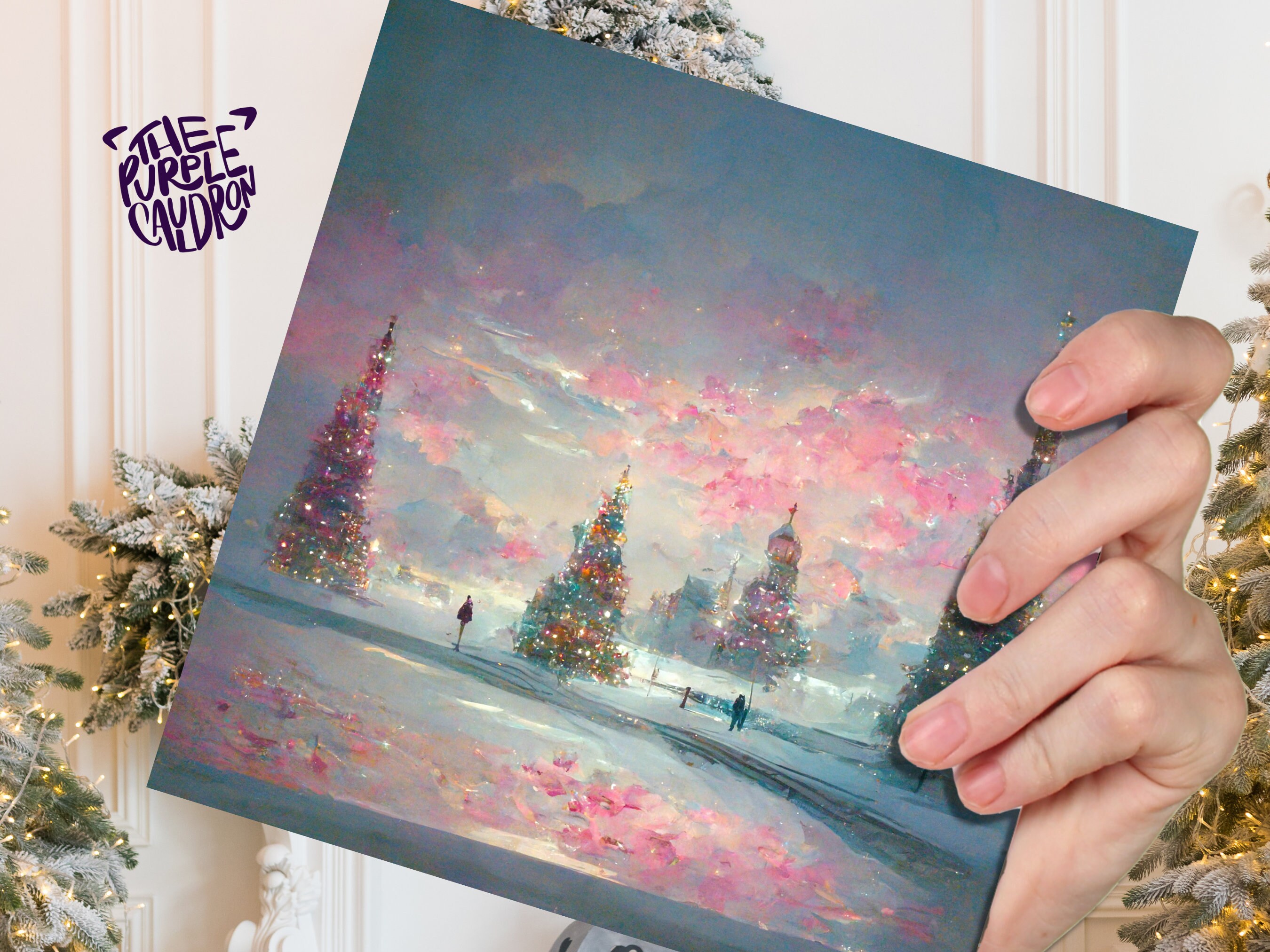 Pastel Christmas Card Winter Scene Impressionist Landscape Snow Shades of Pink, Teal, & Purple 1, 5, or 10 Pack Greetings Friends Xmas 2024 - View 3