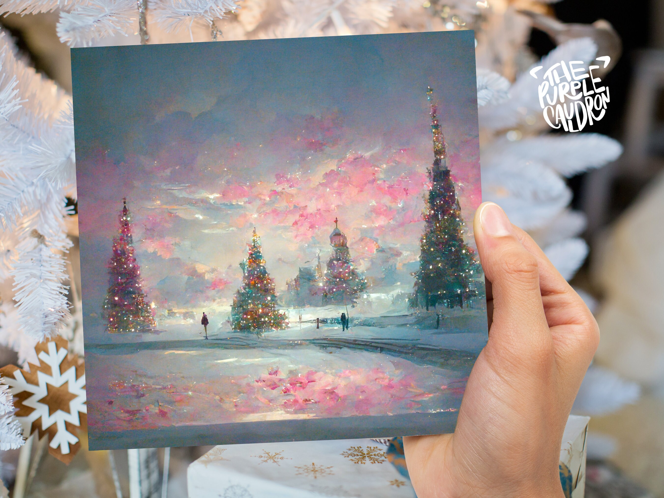 Pastel Christmas Card Winter Scene Impressionist Landscape Snow Shades of Pink, Teal, & Purple 1, 5, or 10 Pack Greetings Friends Xmas 2024 - View 4