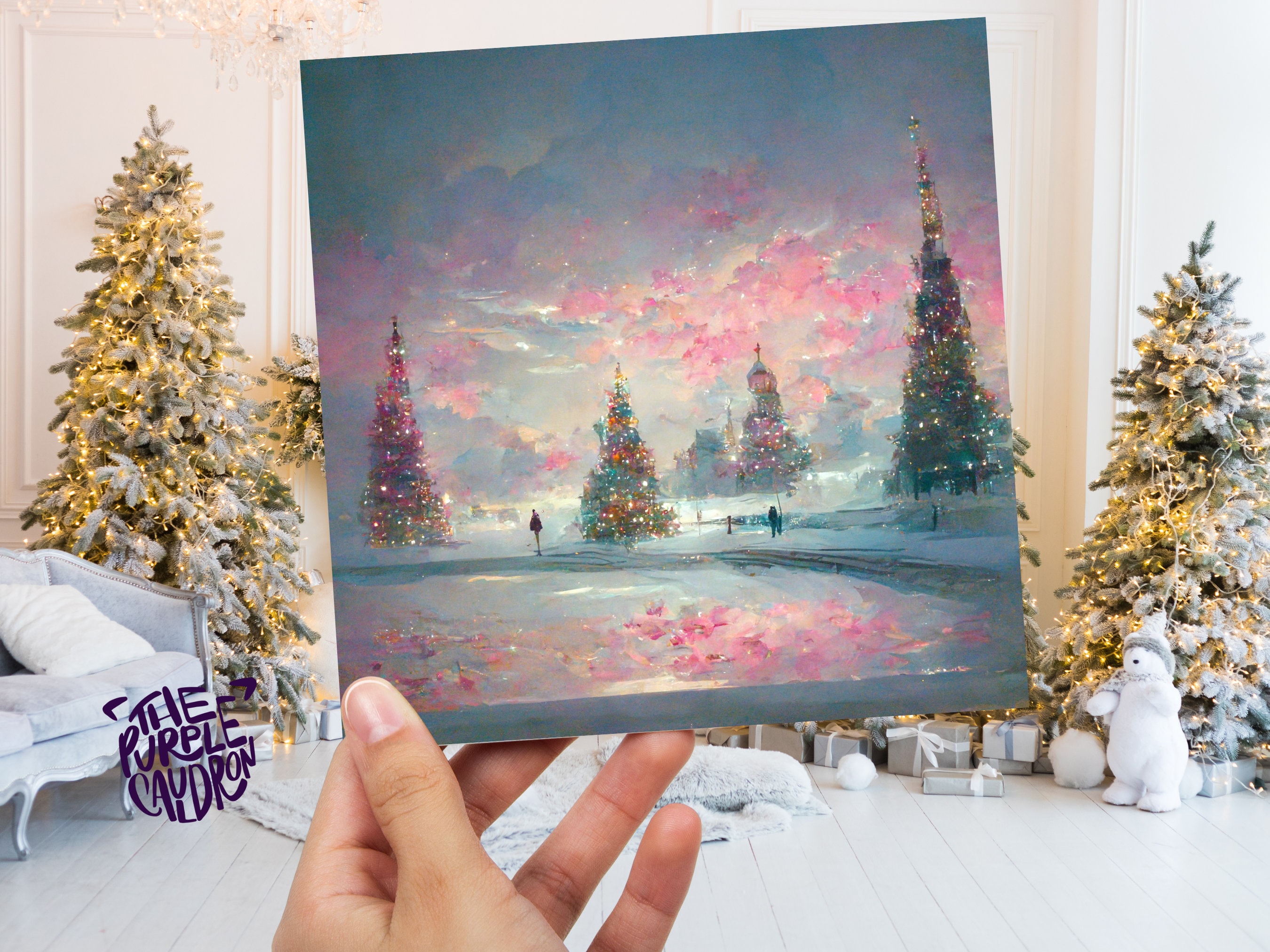 Pastel Christmas Card Winter Scene Impressionist Landscape Snow Shades of Pink, Teal, & Purple 1, 5, or 10 Pack Greetings Friends Xmas 2024 - View 5