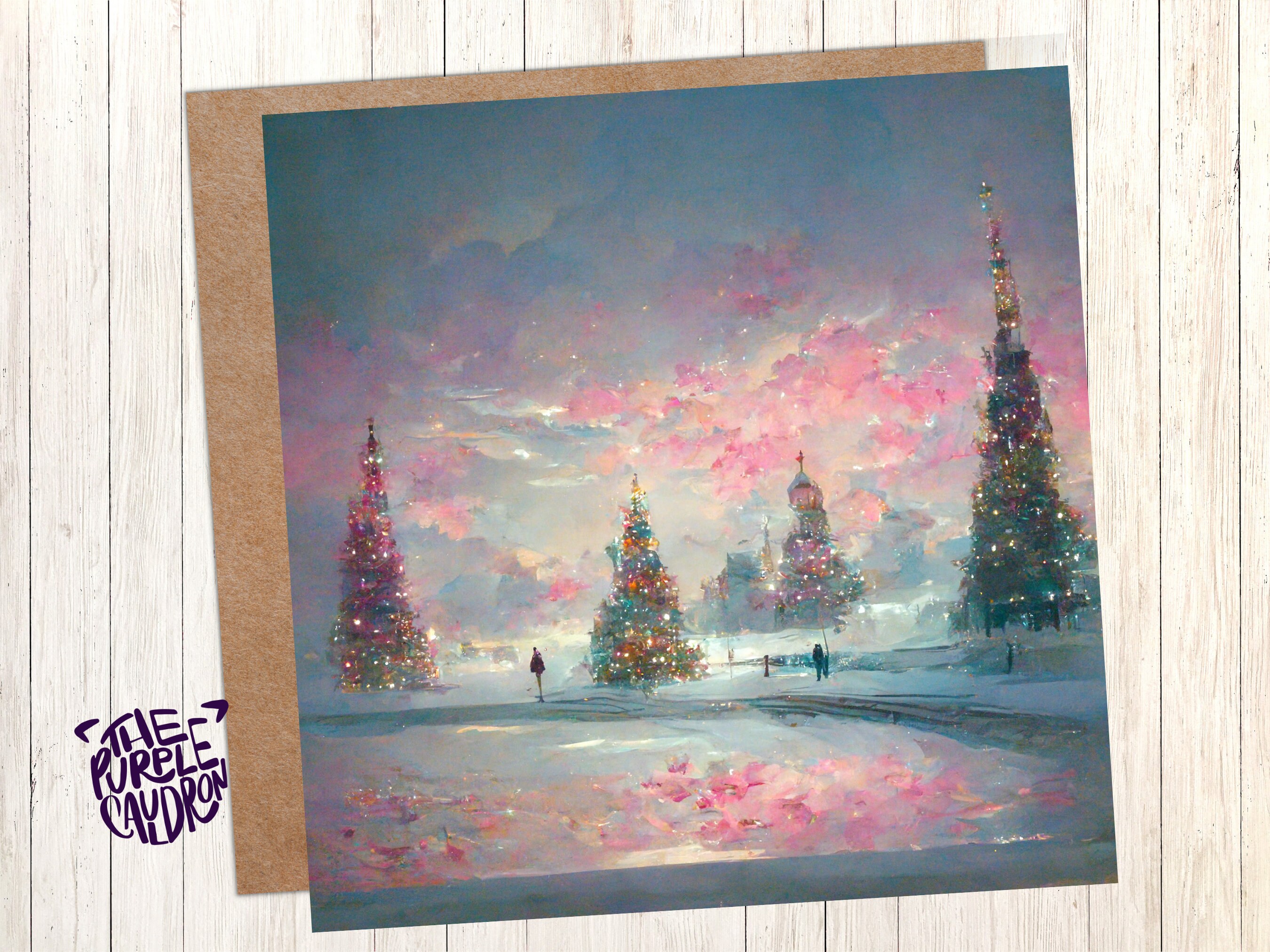 Pastel Christmas Card Winter Scene Impressionist Landscape Snow Shades of Pink, Teal, & Purple 1, 5, or 10 Pack Greetings Friends Xmas 2024 - View 6