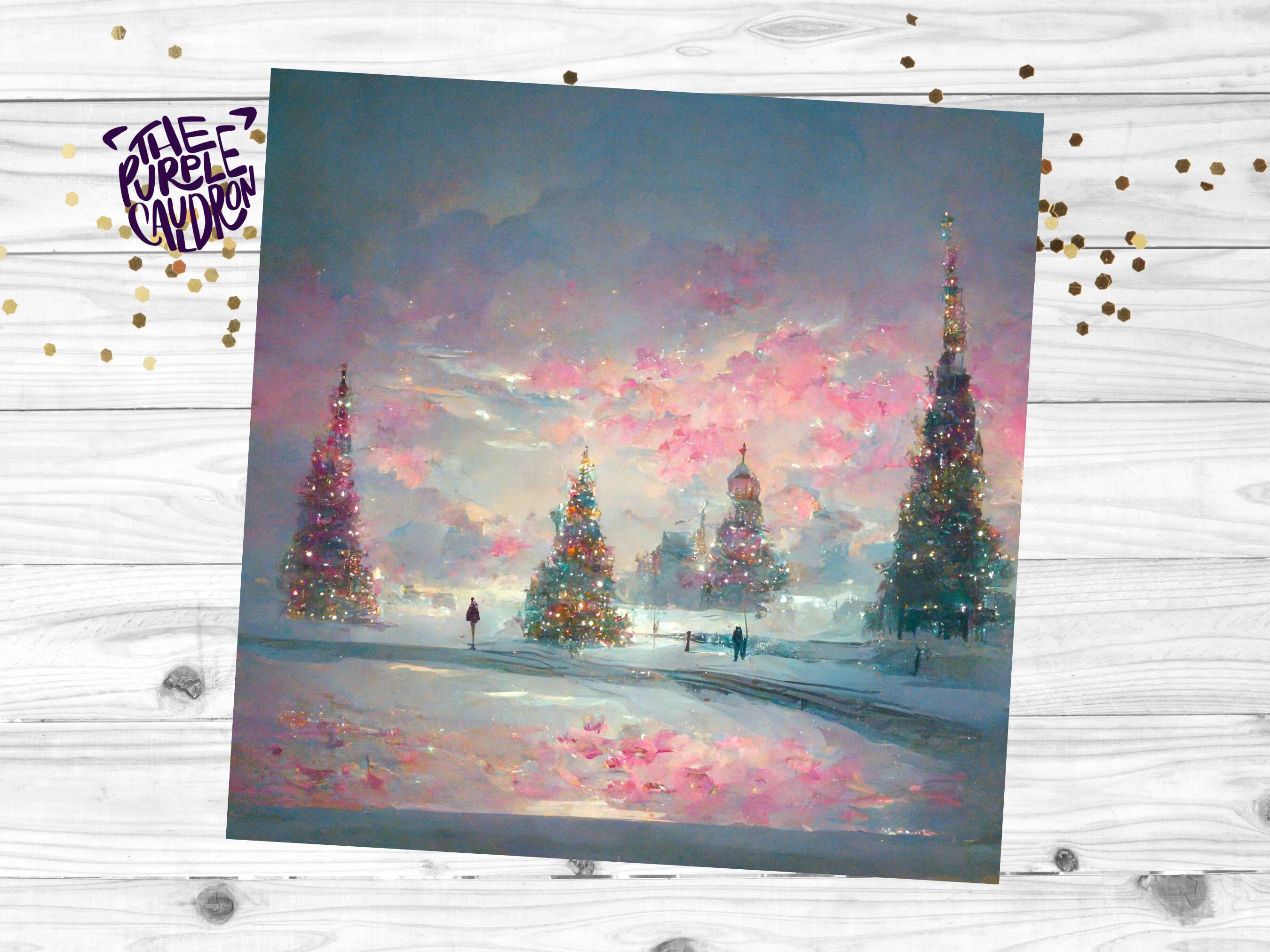 Pastel Christmas Card Winter Scene Impressionist Landscape Snow Shades of Pink, Teal, & Purple 1, 5, or 10 Pack Greetings Friends Xmas 2024 - View 7