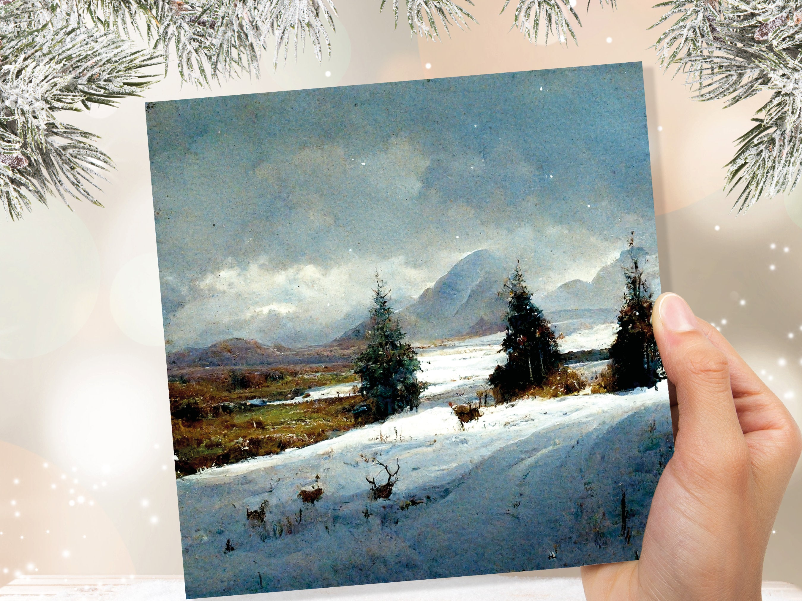 Winter Scenery Card with Snowy Scotland Landscape Unique Deer Snow Painting Traditional Greetings Cards Family Friends Xmas 2024 Thank You