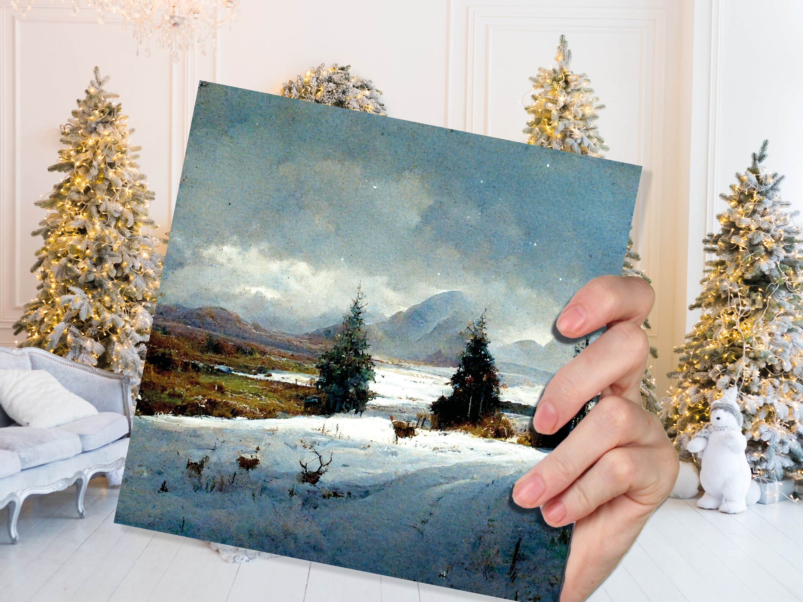 Winter Scenery Card with Snowy Scotland Landscape Unique Deer Snow Painting Traditional Greetings Cards Family Friends Xmas 2024 Thank You - View 2