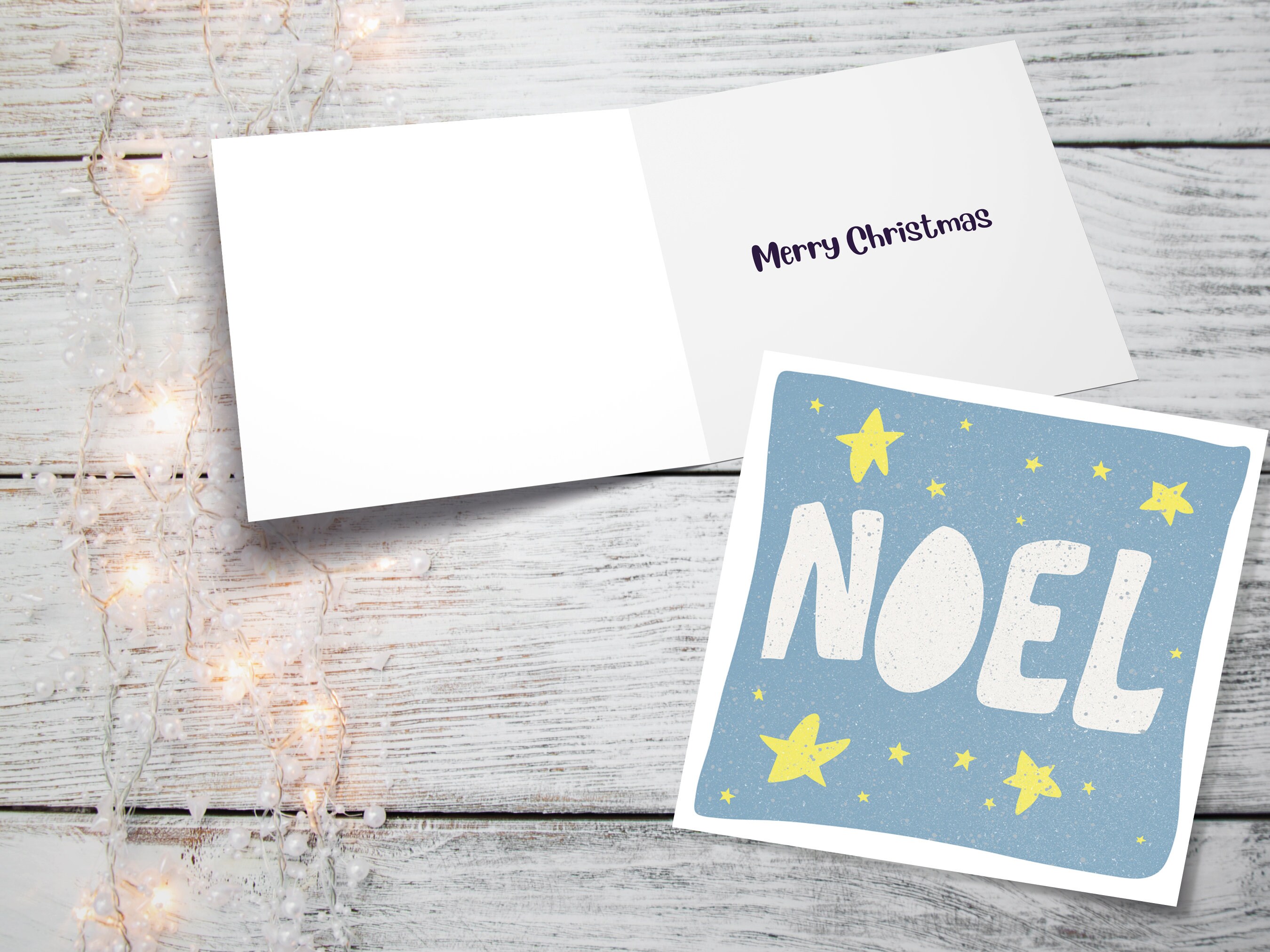 Noel Hand Lettered Christmas Card Blue and Yellow Bold Lettering Quote Festive Greetings for Friends or Family 1, 5 or 10 Pack Set Drawing - View 2