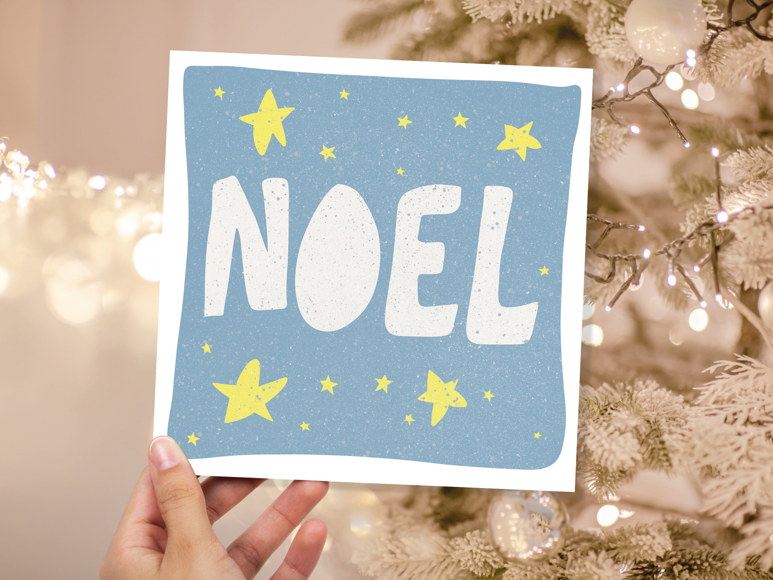 Noel Hand Lettered Christmas Card Blue and Yellow Bold Lettering Quote Festive Greetings for Friends or Family 1, 5 or 10 Pack Set Drawing - View 3