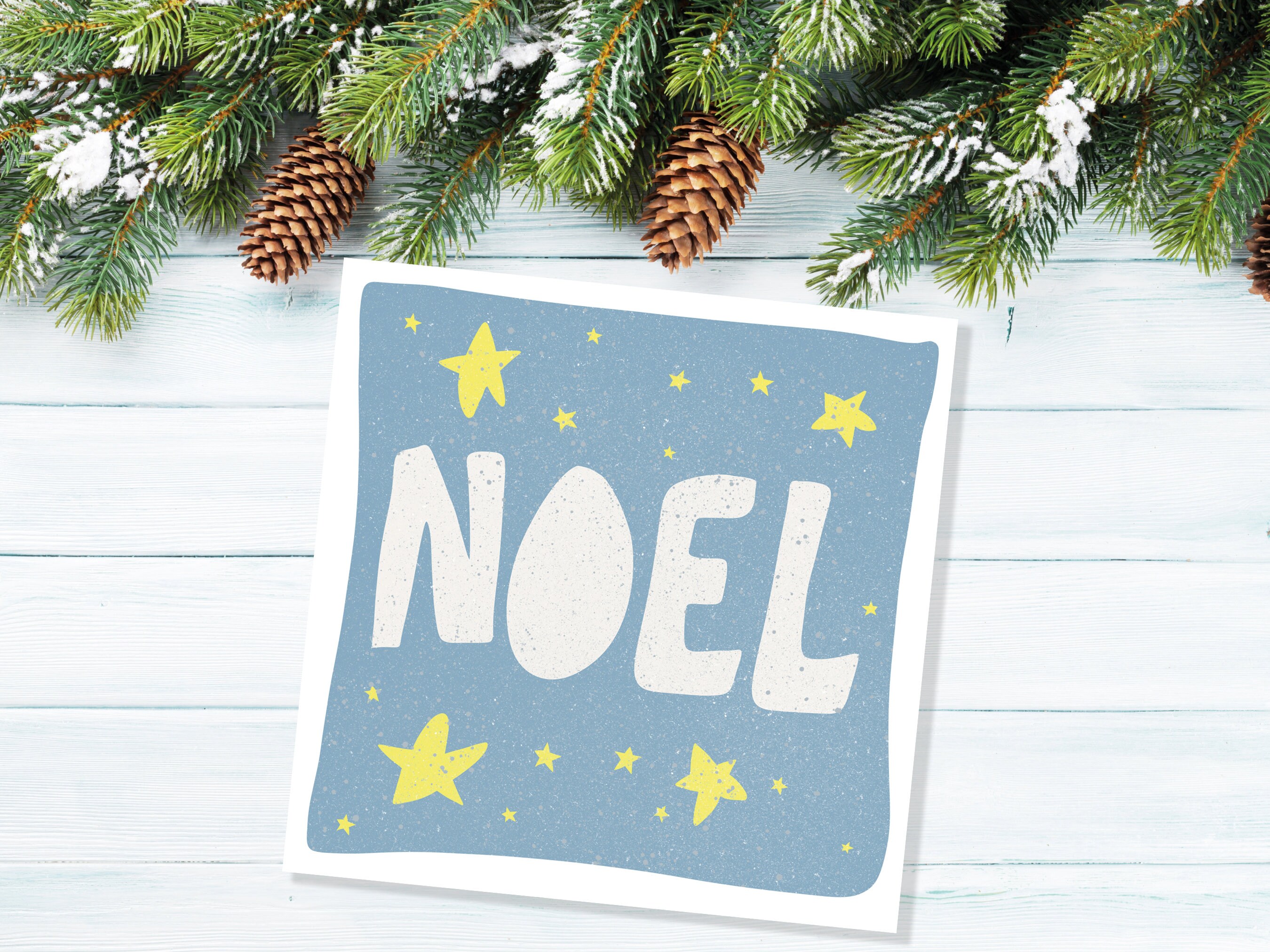 Noel Hand Lettered Christmas Card Blue and Yellow Bold Lettering Quote Festive Greetings for Friends or Family 1, 5 or 10 Pack Set Drawing - View 5