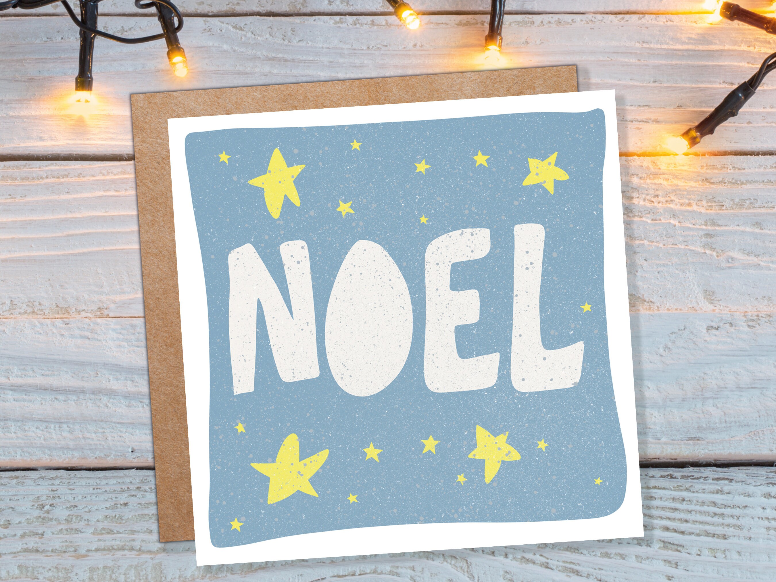 Noel Hand Lettered Christmas Card Blue and Yellow Bold Lettering Quote Festive Greetings for Friends or Family 1, 5 or 10 Pack Set Drawing - View 6