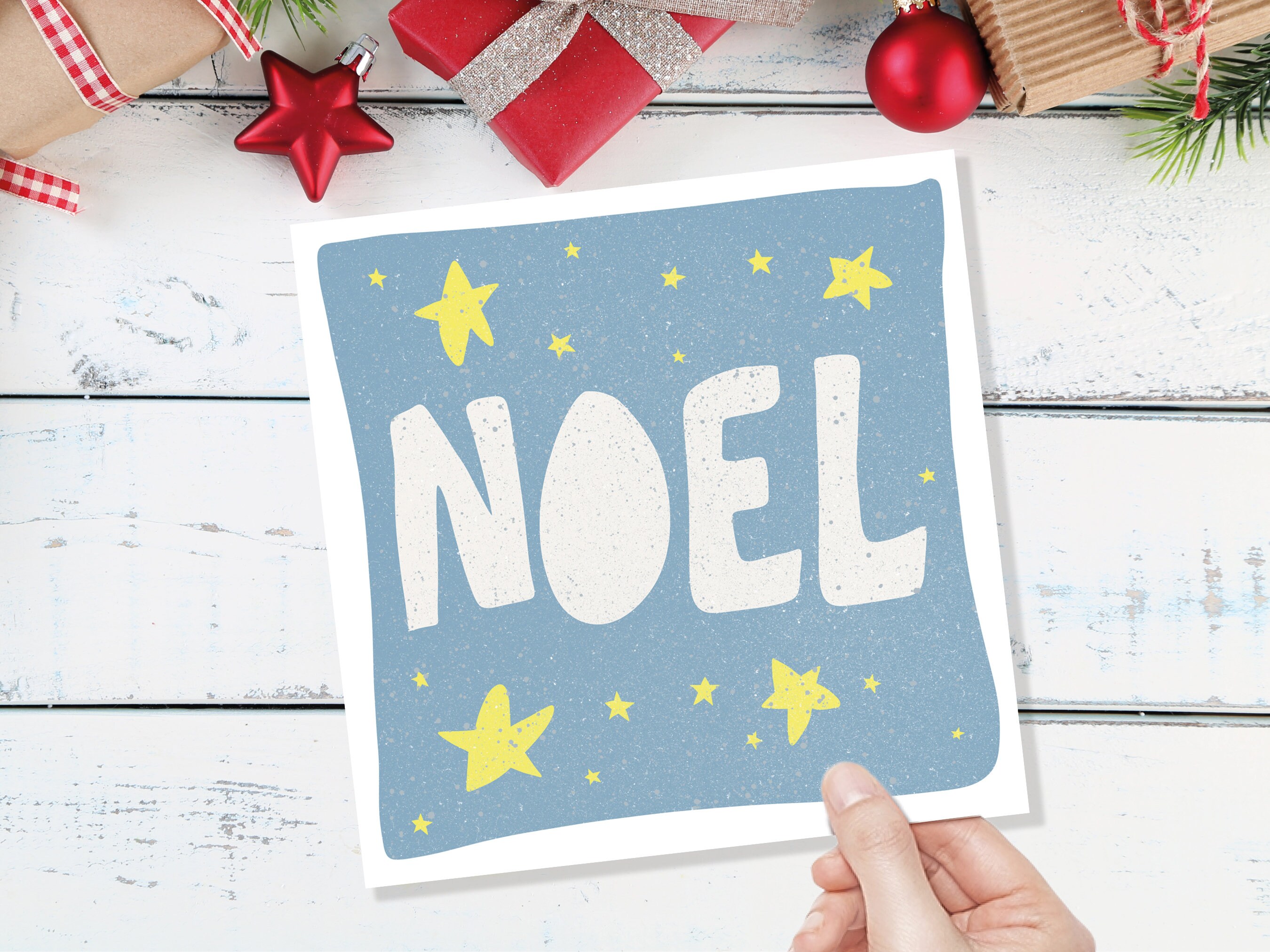 Noel Hand Lettered Christmas Card Blue and Yellow Bold Lettering Quote Festive Greetings for Friends or Family 1, 5 or 10 Pack Set Drawing - View 9