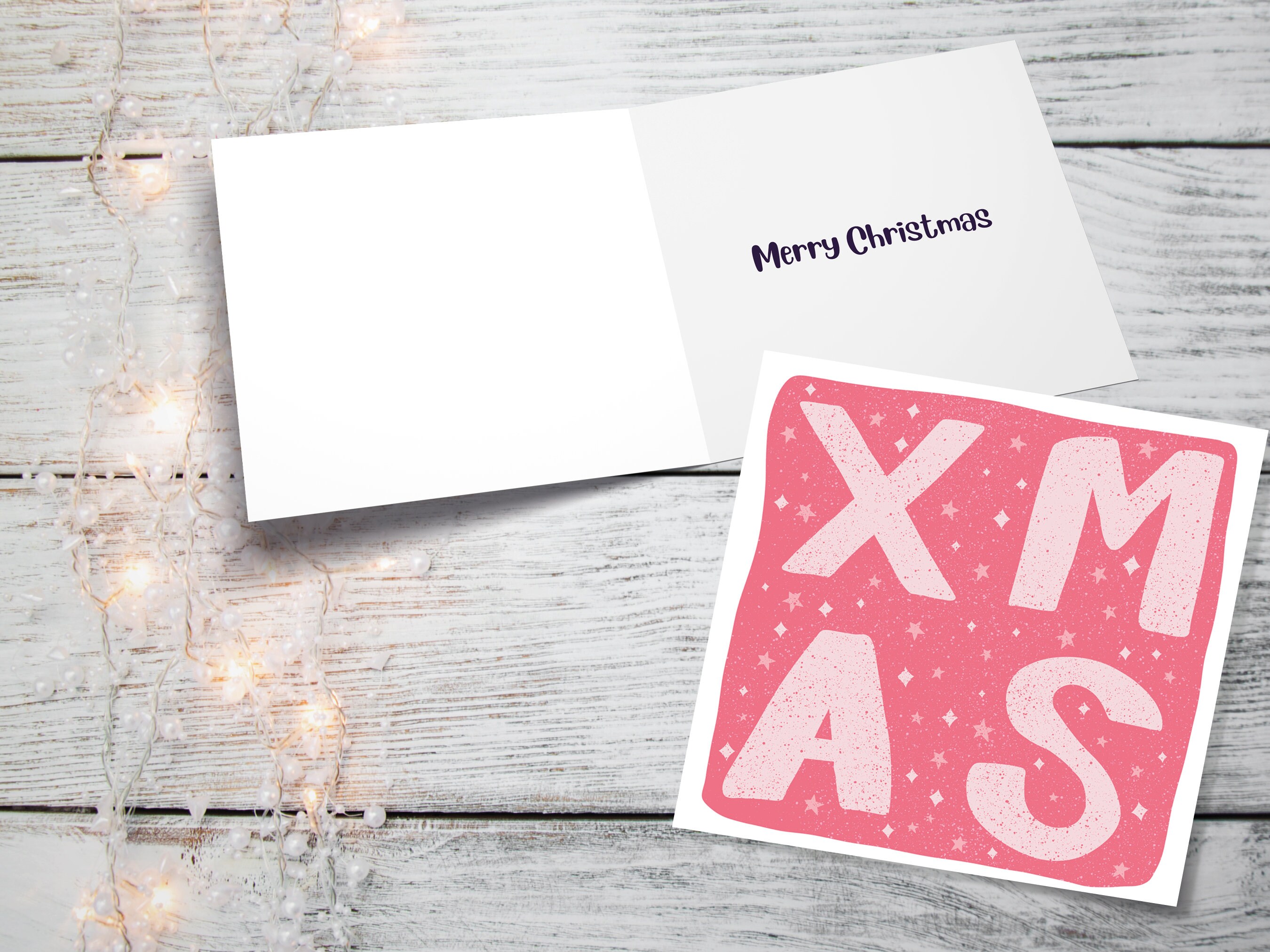 Pink XMAS Card Simple Lettering Christmas Greetings Cards for Friends and Family 1, 5  or 10 Pack Set Drawing Quote Hand Lettered Stars Word - View 2