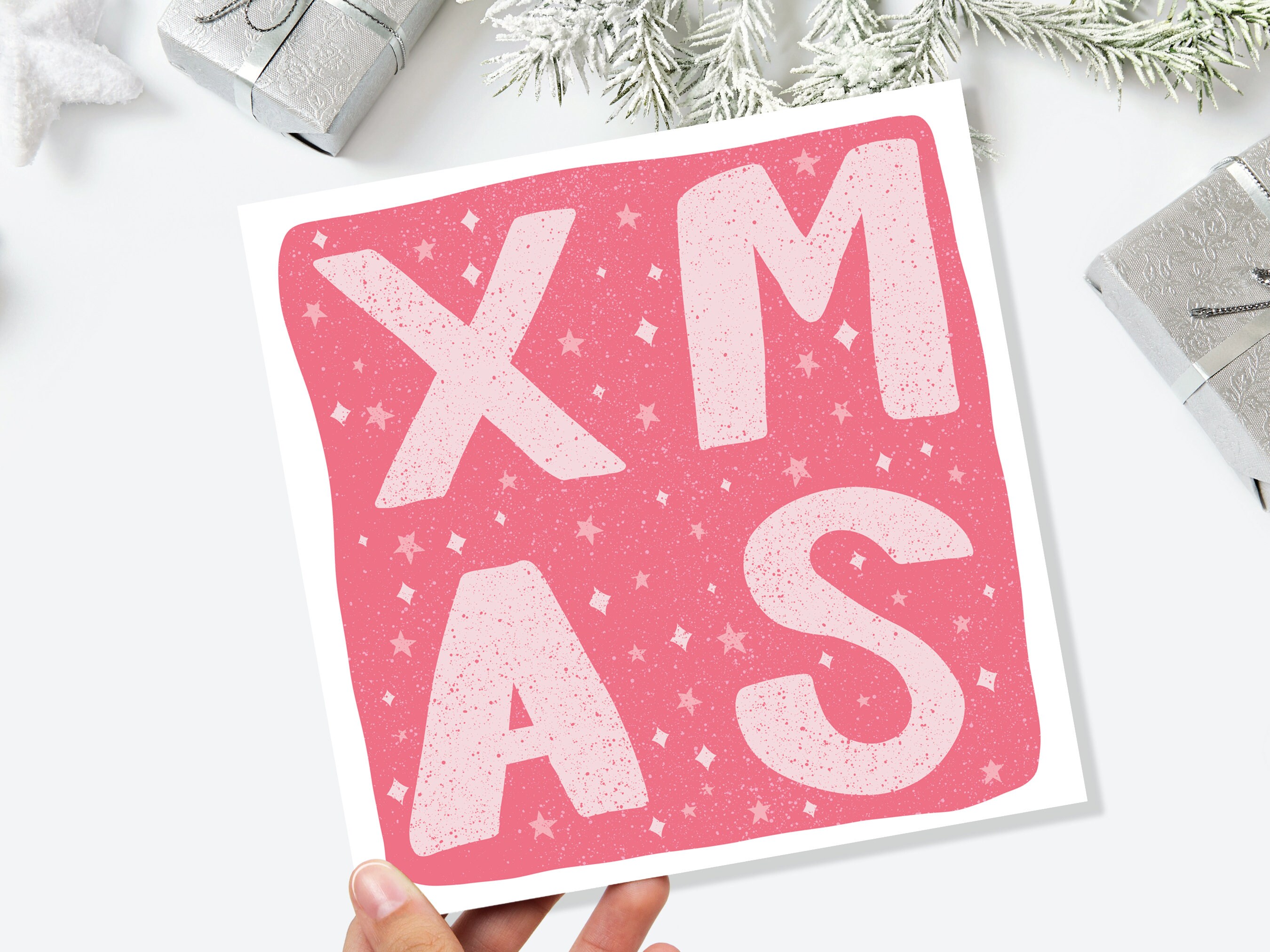 Pink XMAS Card Simple Lettering Christmas Greetings Cards for Friends and Family 1, 5  or 10 Pack Set Drawing Quote Hand Lettered Stars Word - View 5