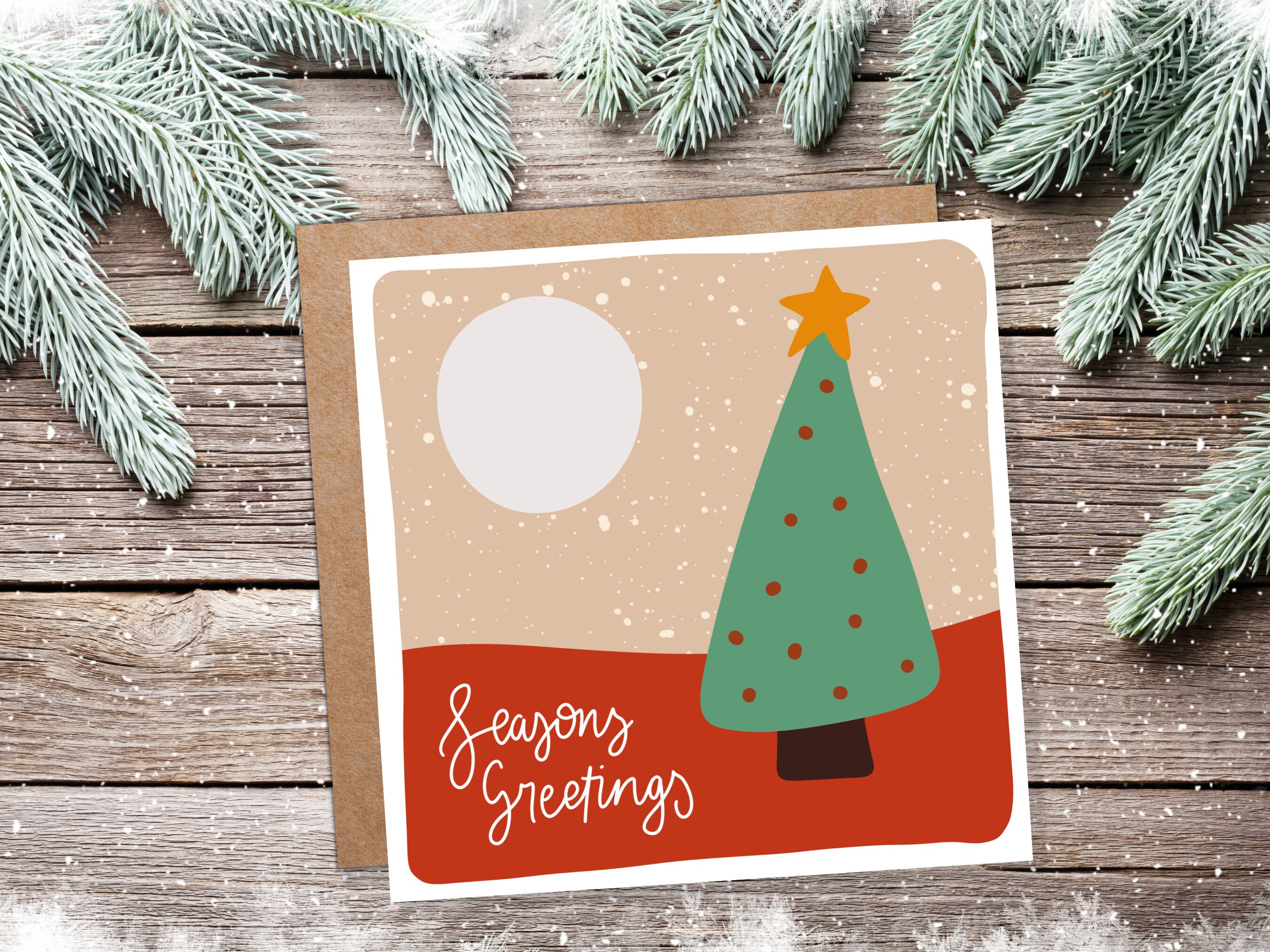 Christmas Tree Card Orange Green Simple Greetings Cards Illustration Hand Drawn Drawing for Friends and Family 1, 5  or 10 Pack Set Bulk - View 6