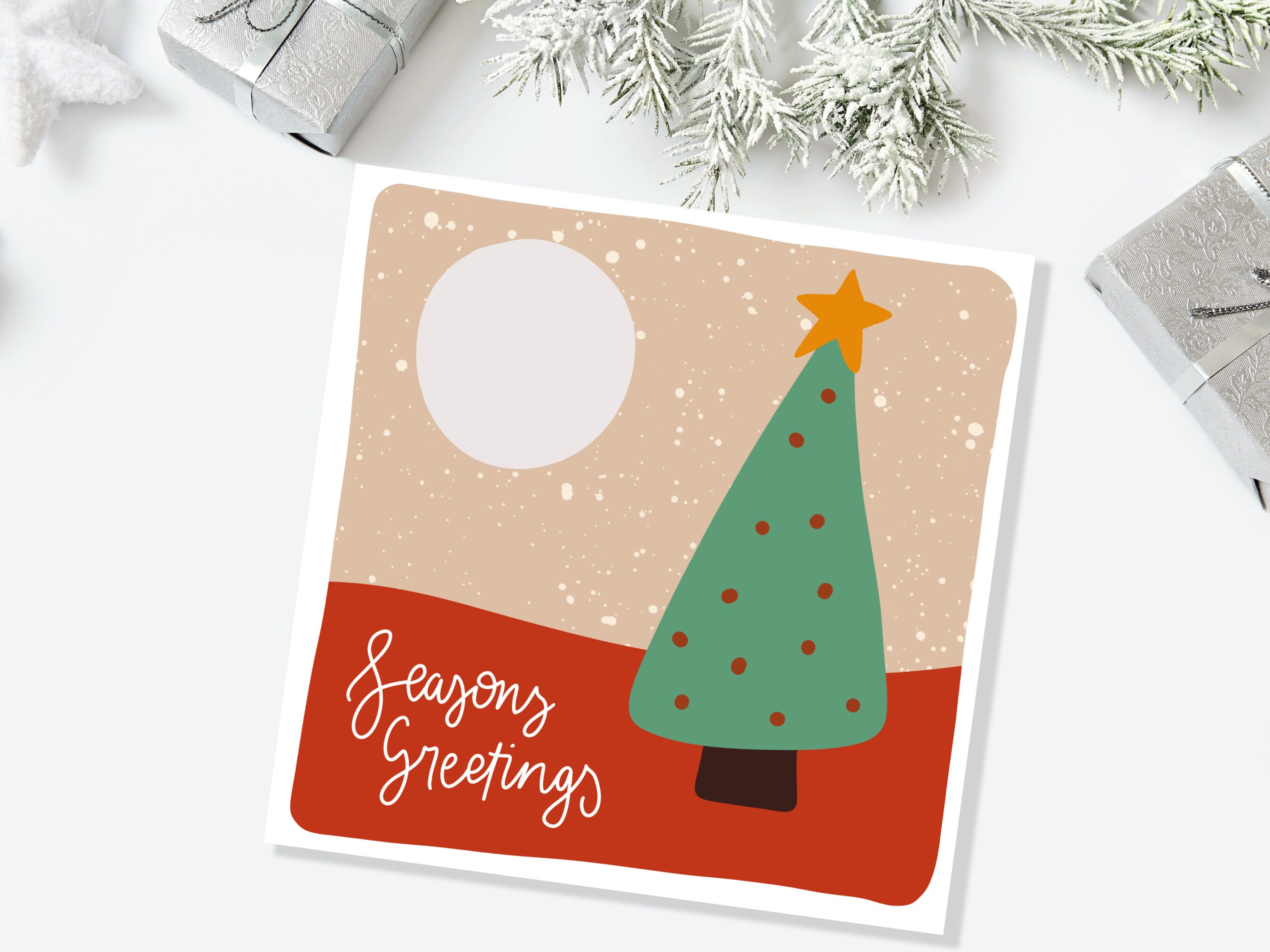 Christmas Tree Card Orange Green Simple Greetings Cards Illustration Hand Drawn Drawing for Friends and Family 1, 5  or 10 Pack Set Bulk - View 7