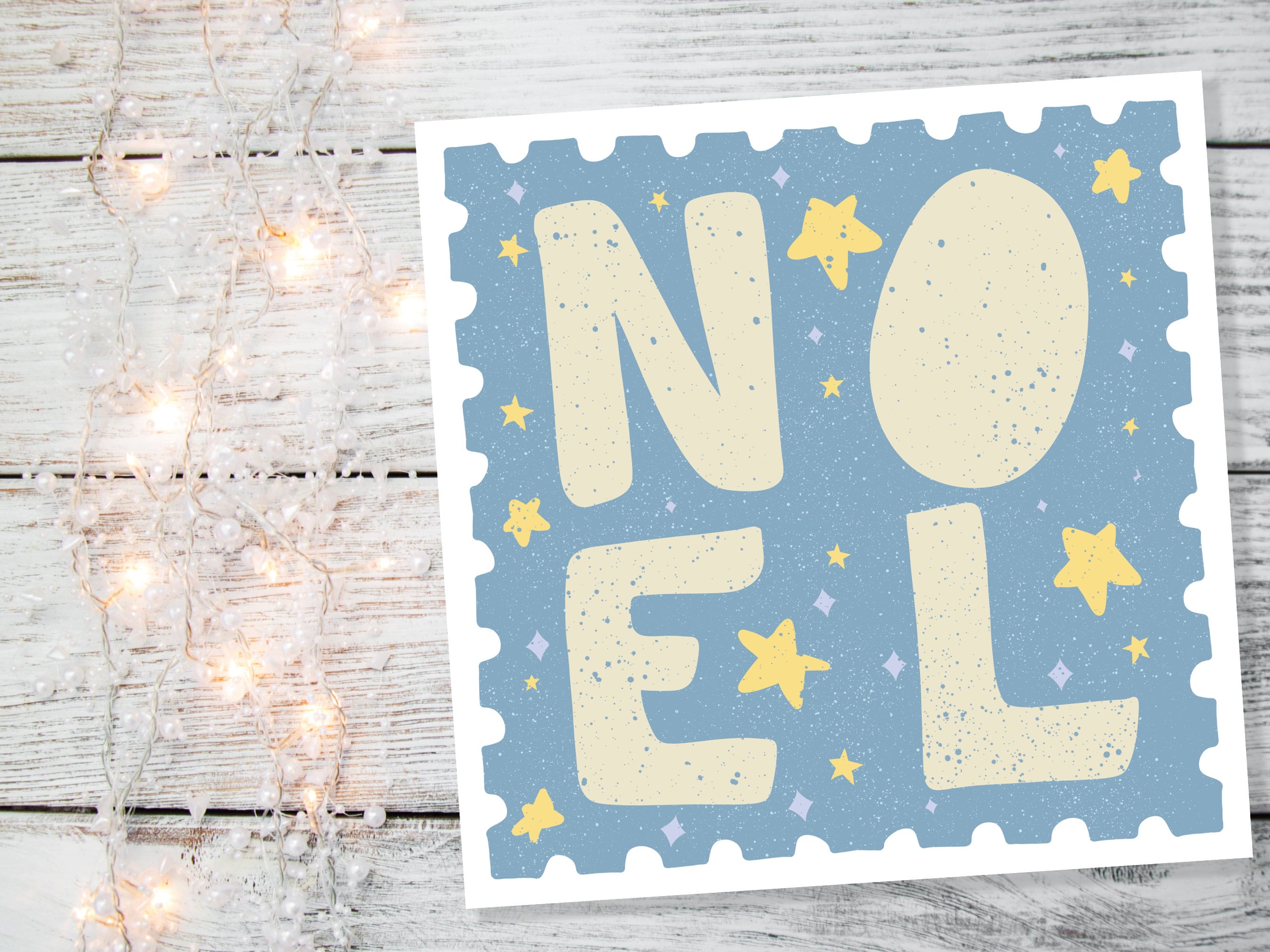 Noel Christmas Card Stamp Design Greetings Cards Illustration Hand Drawn Drawing for Friends and Family 1, 5  or 10 Pack Set Bulk Baby Blue