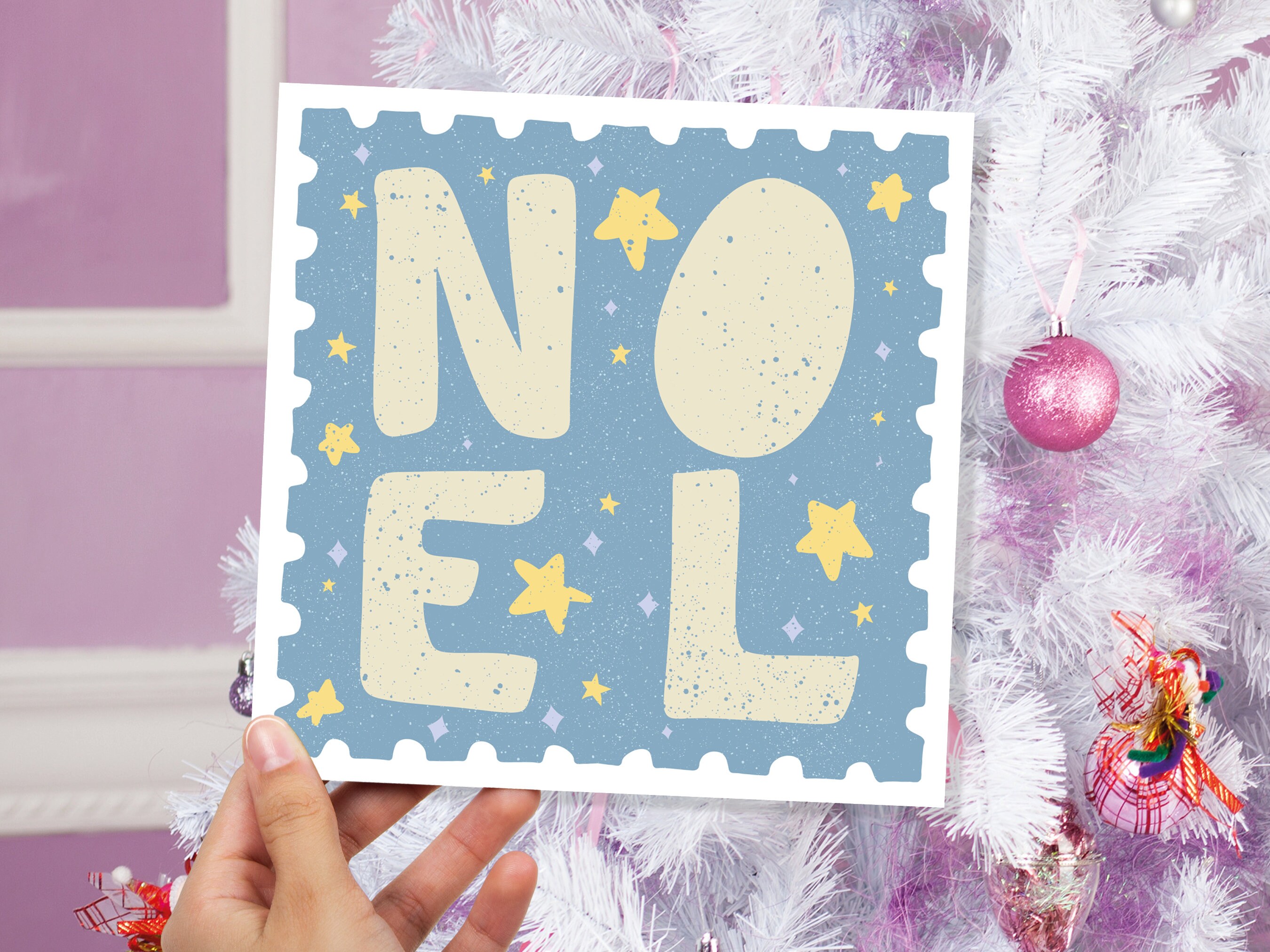 Noel Christmas Card Stamp Design Greetings Cards Illustration Hand Drawn Drawing for Friends and Family 1, 5  or 10 Pack Set Bulk Baby Blue - View 4