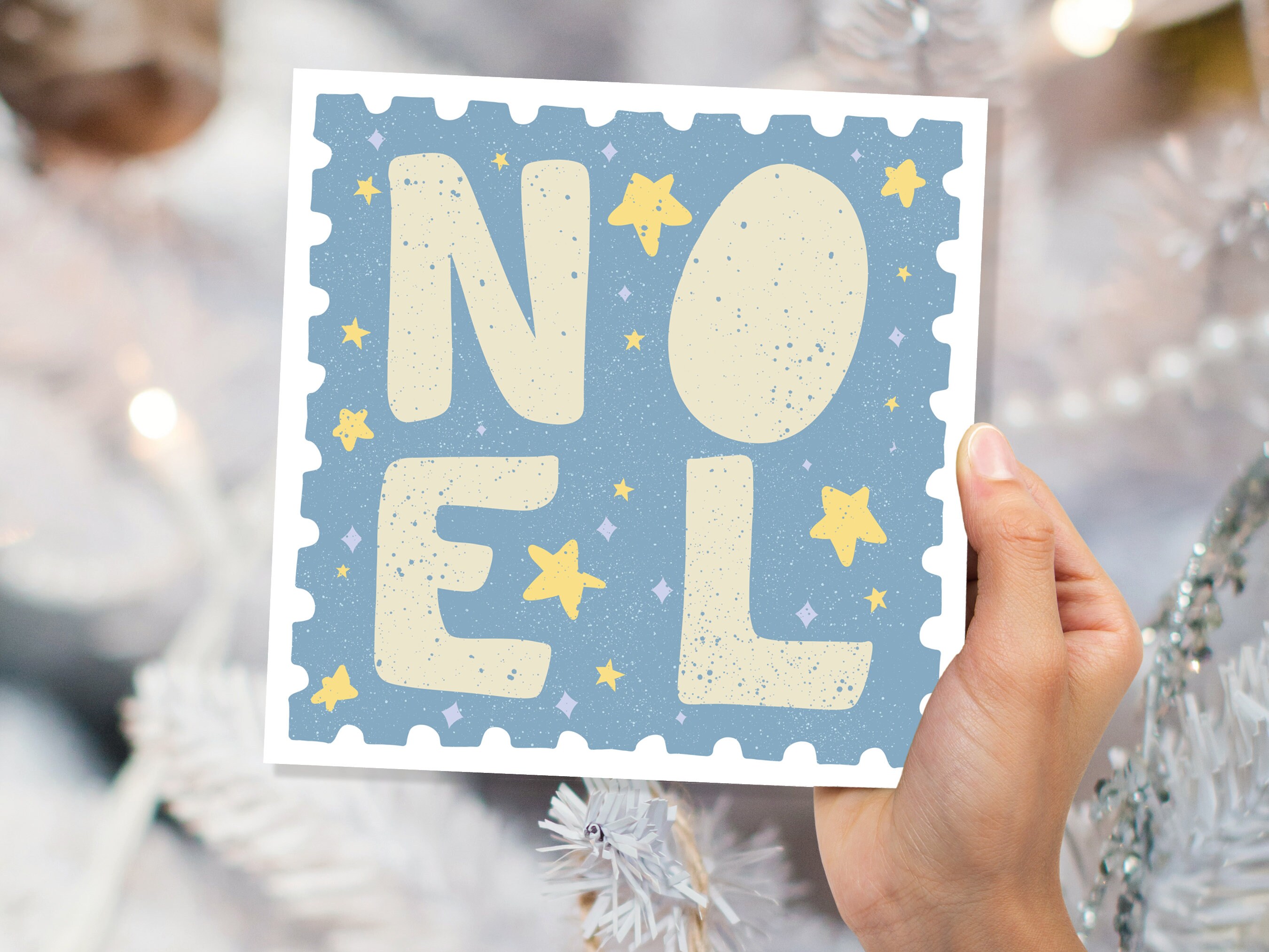 Noel Christmas Card Stamp Design Greetings Cards Illustration Hand Drawn Drawing for Friends and Family 1, 5  or 10 Pack Set Bulk Baby Blue - View 5