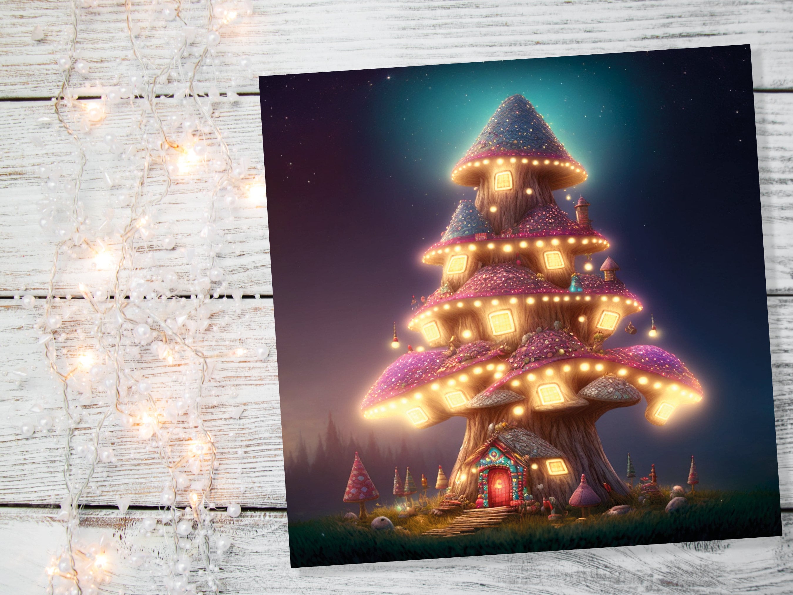 Fairytale Mushroom House Card with Cosy Lights Magical Purple Teal Blue Unique Whimsical Family Friends Housewarming Moving New Home Thanks