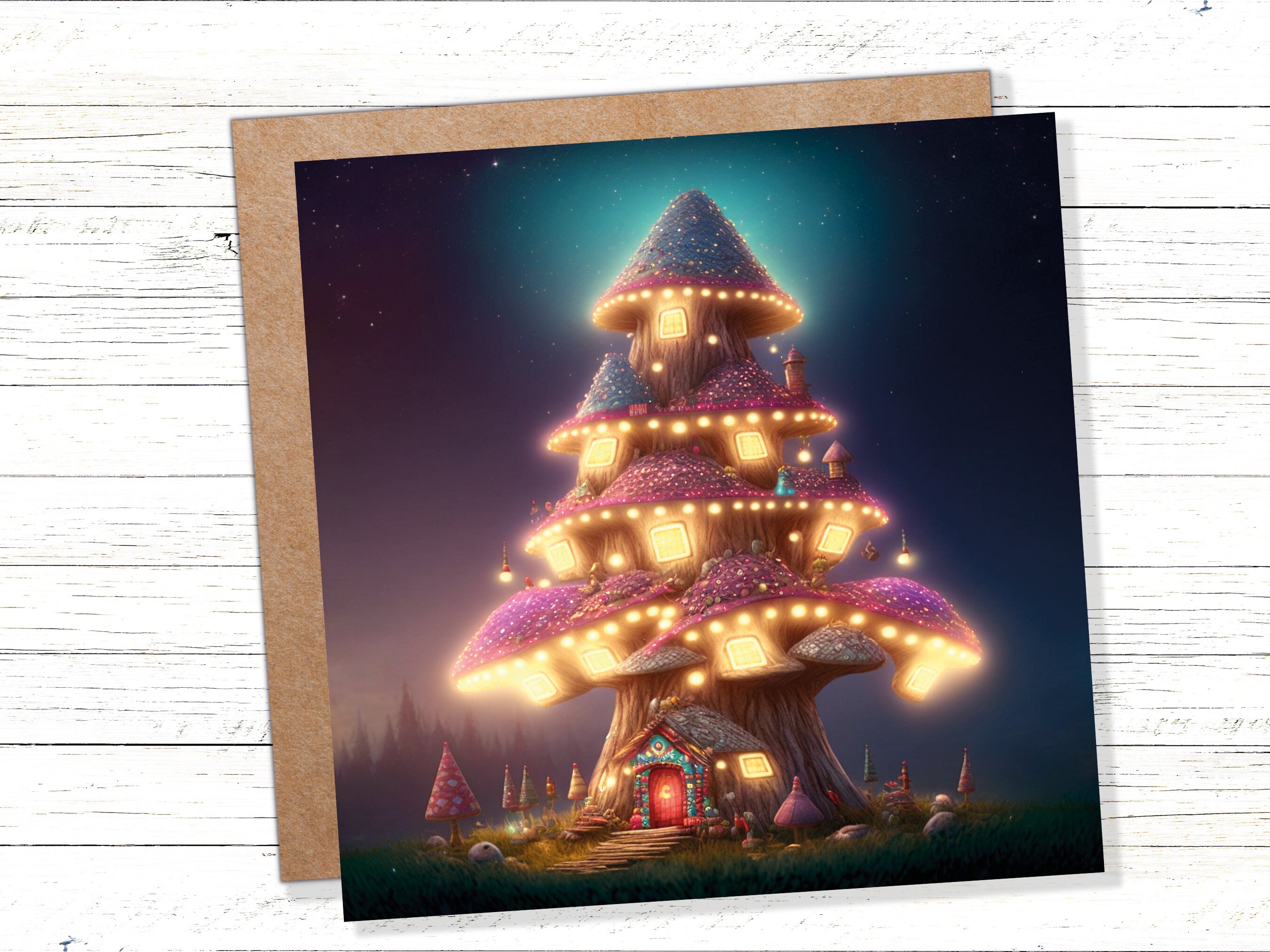 Fairytale Mushroom House Card with Cosy Lights Magical Purple Teal Blue Unique Whimsical Family Friends Housewarming Moving New Home Thanks - View 2