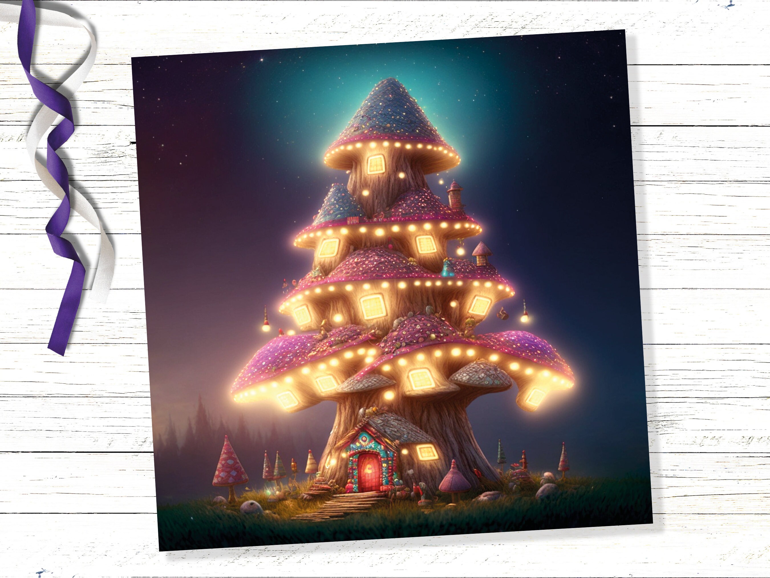 Fairytale Mushroom House Card with Cosy Lights Magical Purple Teal Blue Unique Whimsical Family Friends Housewarming Moving New Home Thanks - View 3