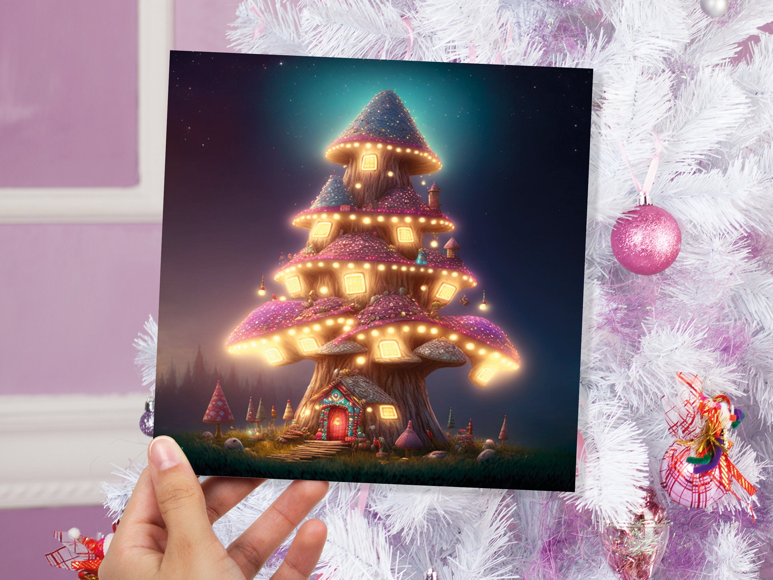 Fairytale Mushroom House Card with Cosy Lights Magical Purple Teal Blue Unique Whimsical Family Friends Housewarming Moving New Home Thanks - View 4