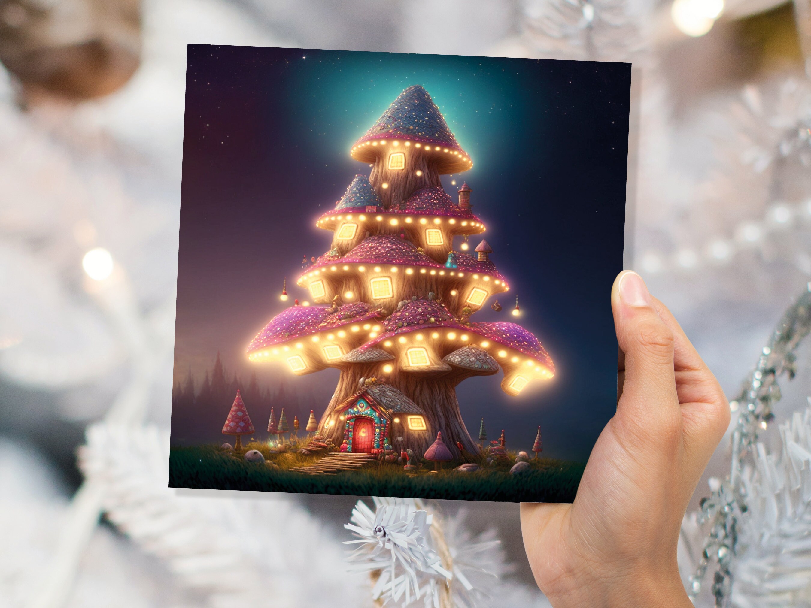 Fairytale Mushroom House Card with Cosy Lights Magical Purple Teal Blue Unique Whimsical Family Friends Housewarming Moving New Home Thanks - View 5