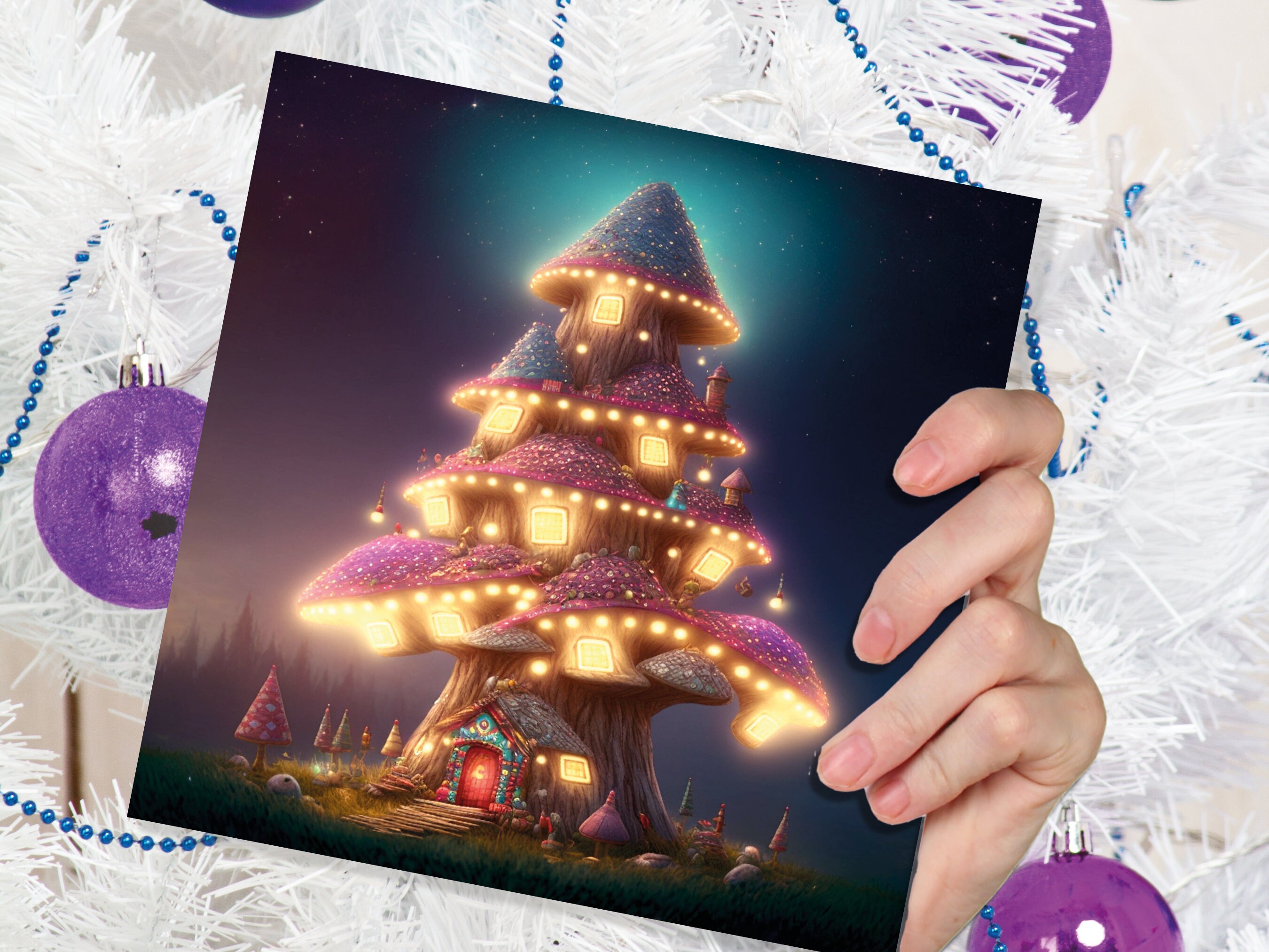 Fairytale Mushroom House Card with Cosy Lights Magical Purple Teal Blue Unique Whimsical Family Friends Housewarming Moving New Home Thanks - View 6