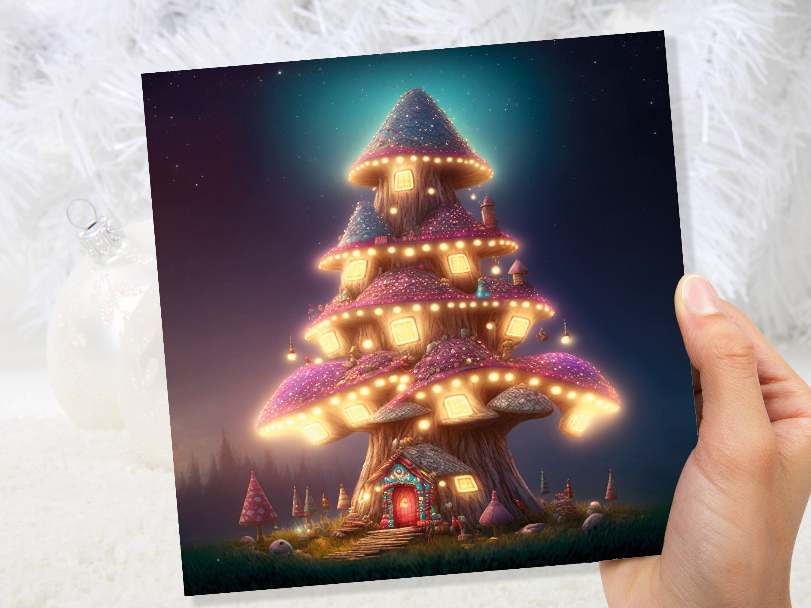 Fairytale Mushroom House Card with Cosy Lights Magical Purple Teal Blue Unique Whimsical Family Friends Housewarming Moving New Home Thanks - View 8