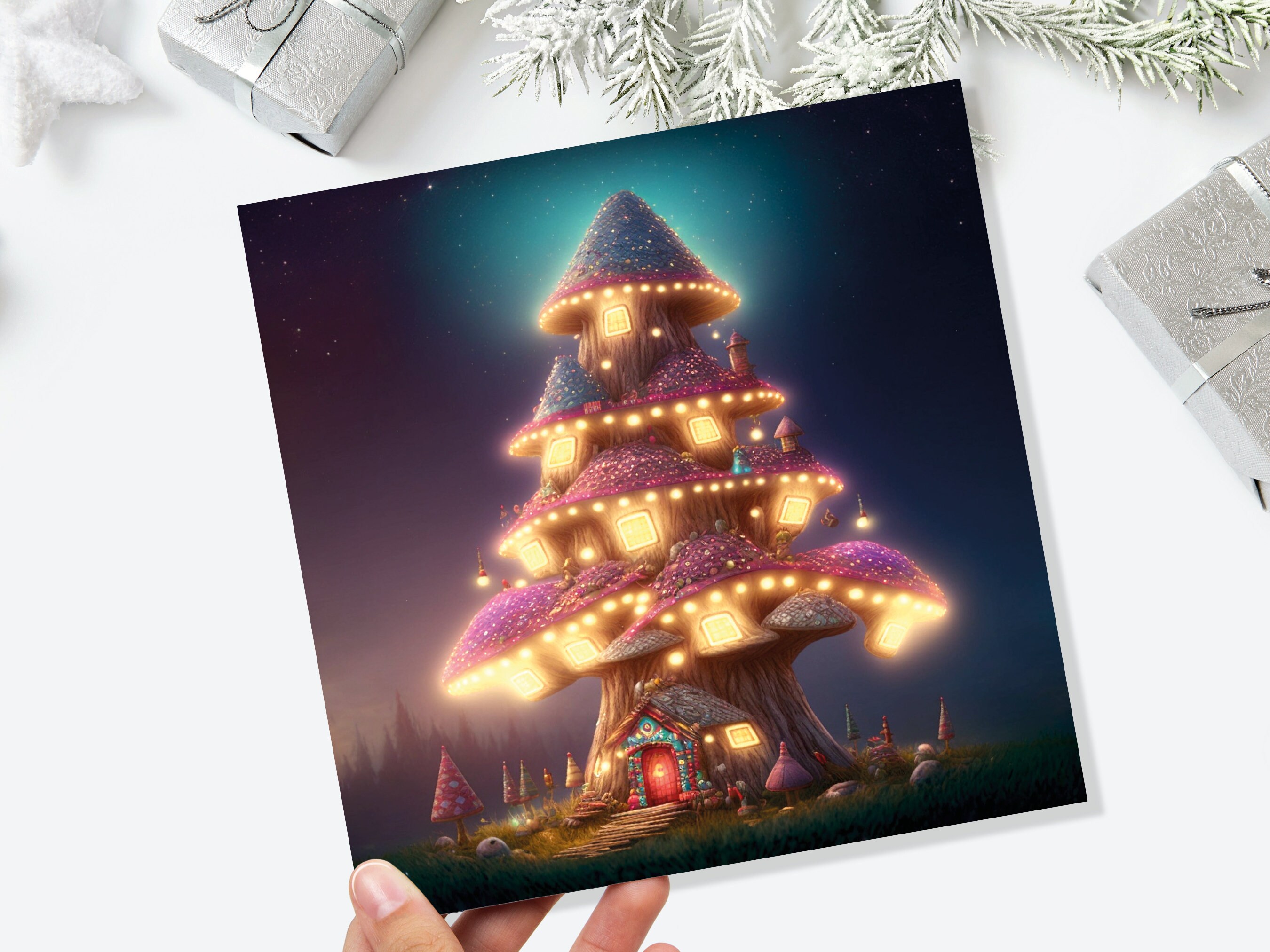 Fairytale Mushroom House Card with Cosy Lights Magical Purple Teal Blue Unique Whimsical Family Friends Housewarming Moving New Home Thanks - View 9