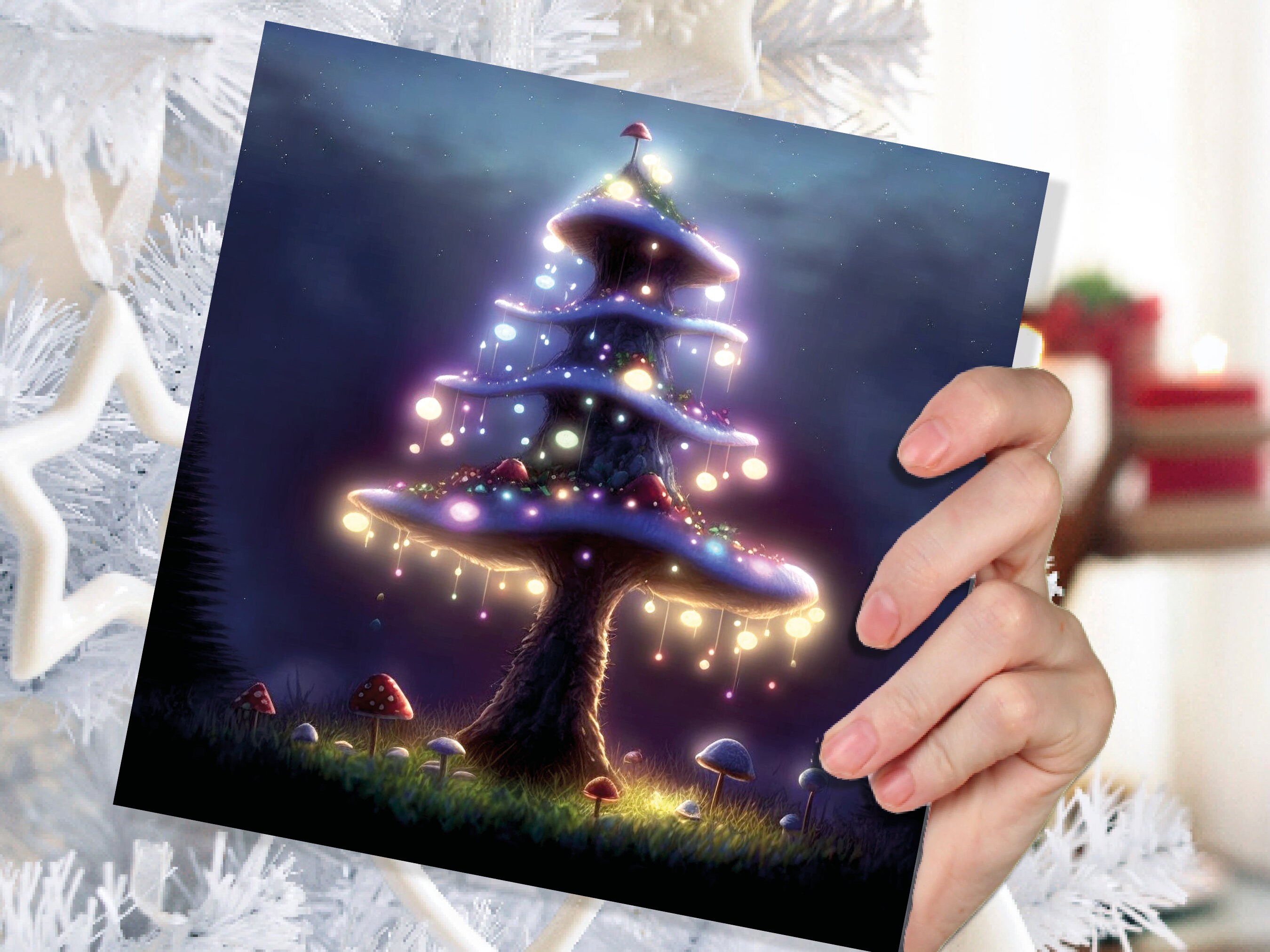 Magical Mushroom Tree House Card Purple Golden Glowing Fairycore Fairytale Fairy Lights Unique Whimsical For Family Friends Christmas Thanks