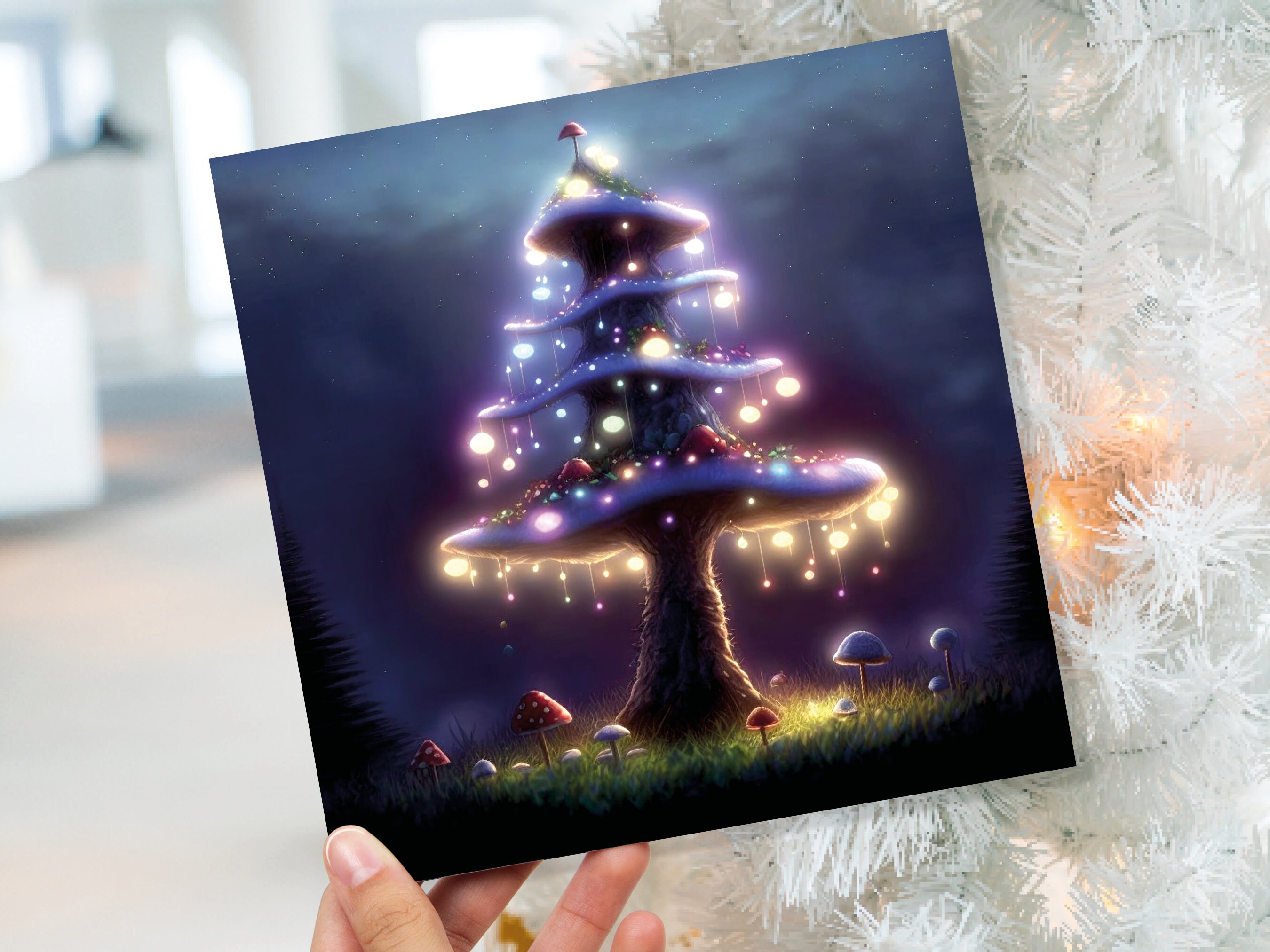 Magical Mushroom Tree House Card Purple Golden Glowing Fairycore Fairytale Fairy Lights Unique Whimsical For Family Friends Christmas Thanks - View 2