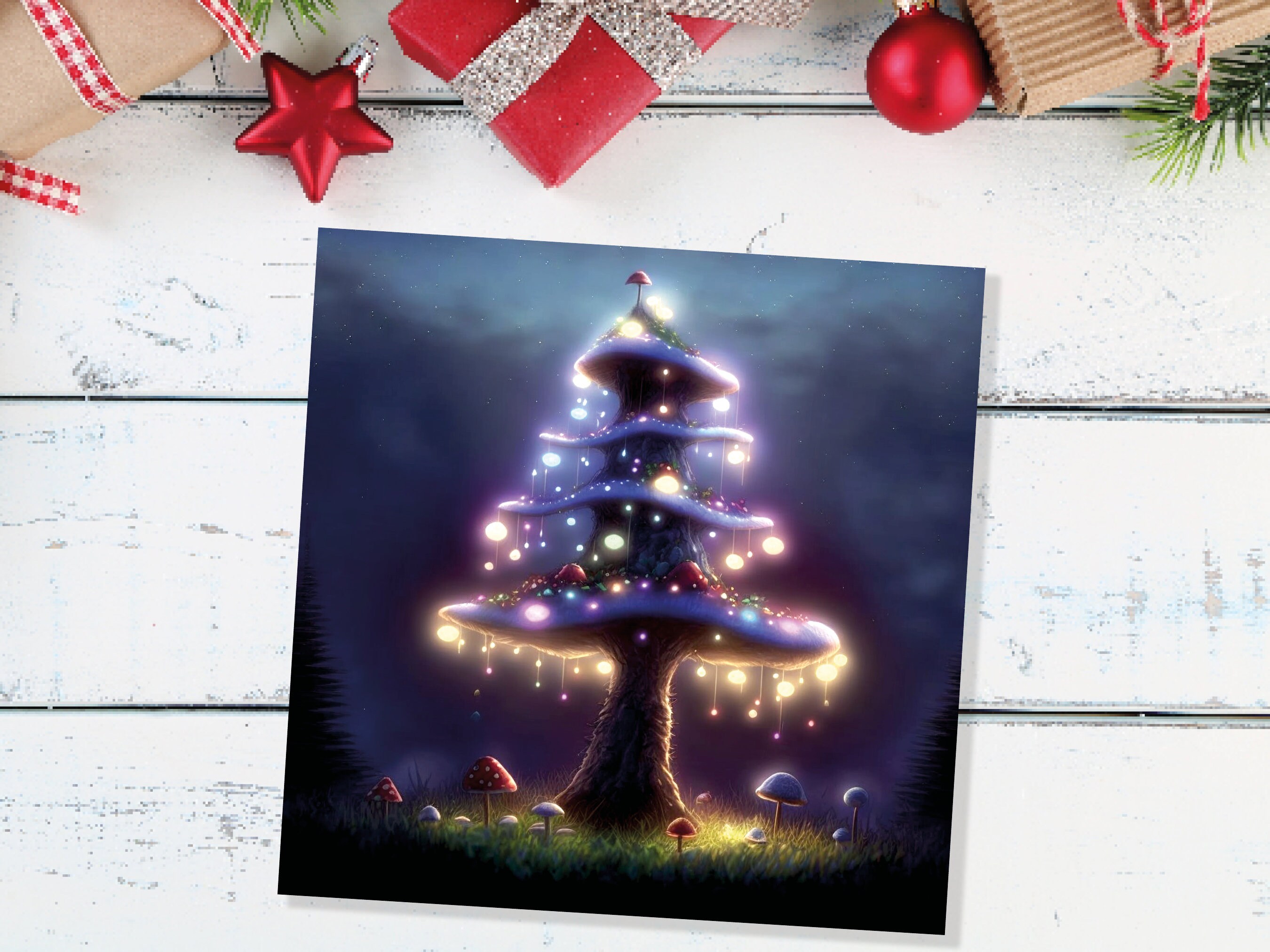 Magical Mushroom Tree House Card Purple Golden Glowing Fairycore Fairytale Fairy Lights Unique Whimsical For Family Friends Christmas Thanks - View 3