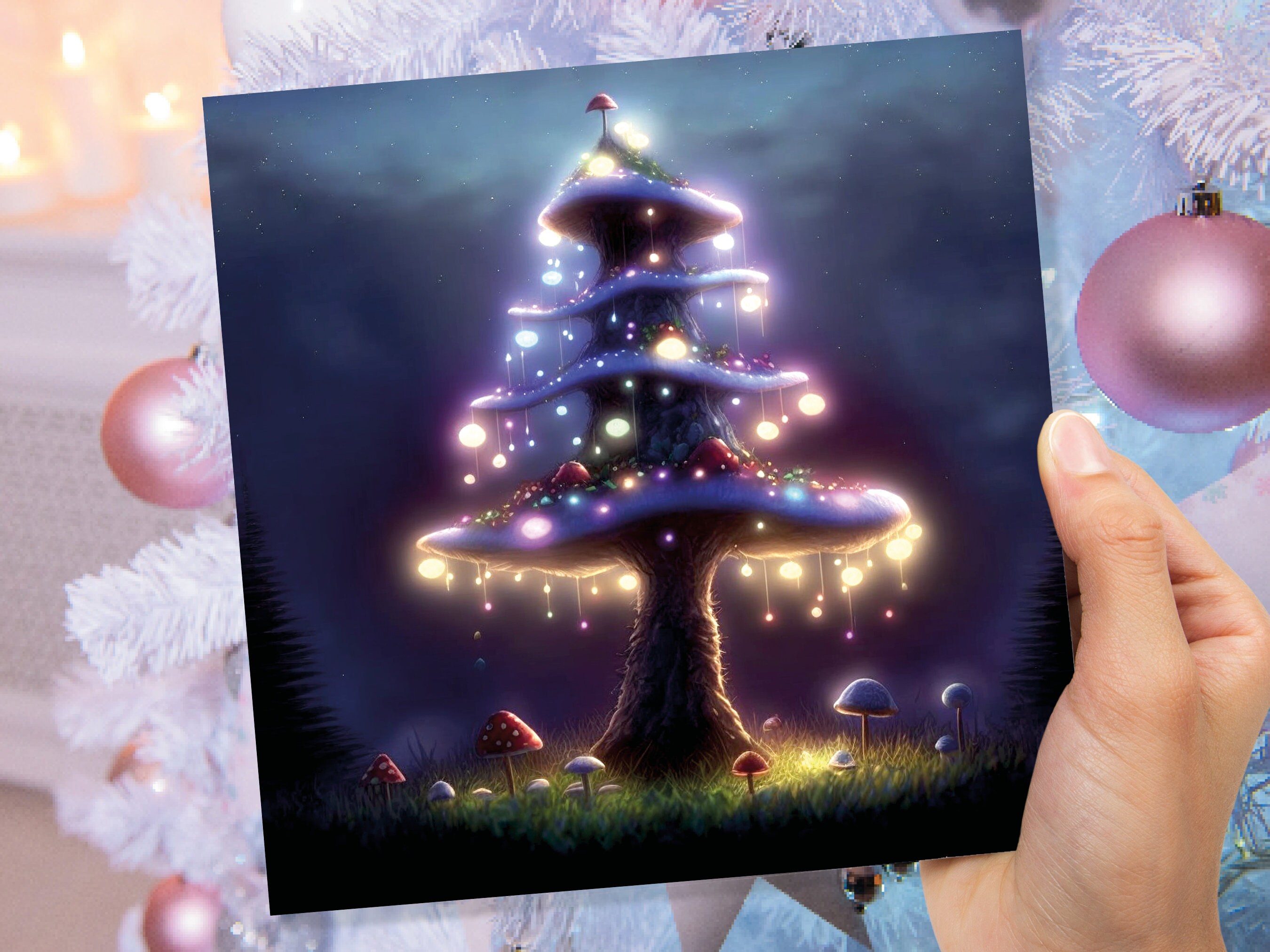 Magical Mushroom Tree House Card Purple Golden Glowing Fairycore Fairytale Fairy Lights Unique Whimsical For Family Friends Christmas Thanks - View 4