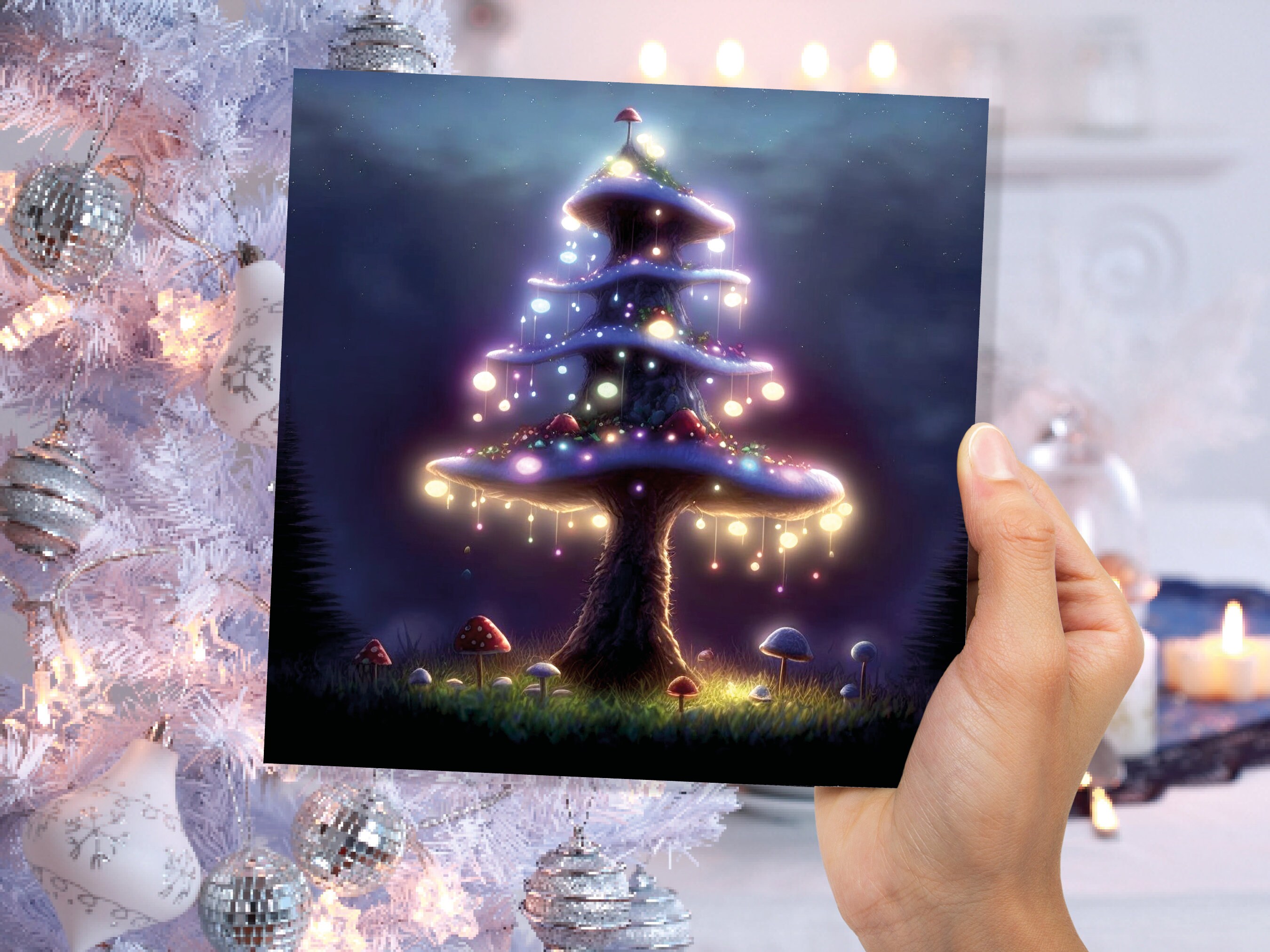 Magical Mushroom Tree House Card Purple Golden Glowing Fairycore Fairytale Fairy Lights Unique Whimsical For Family Friends Christmas Thanks - View 6