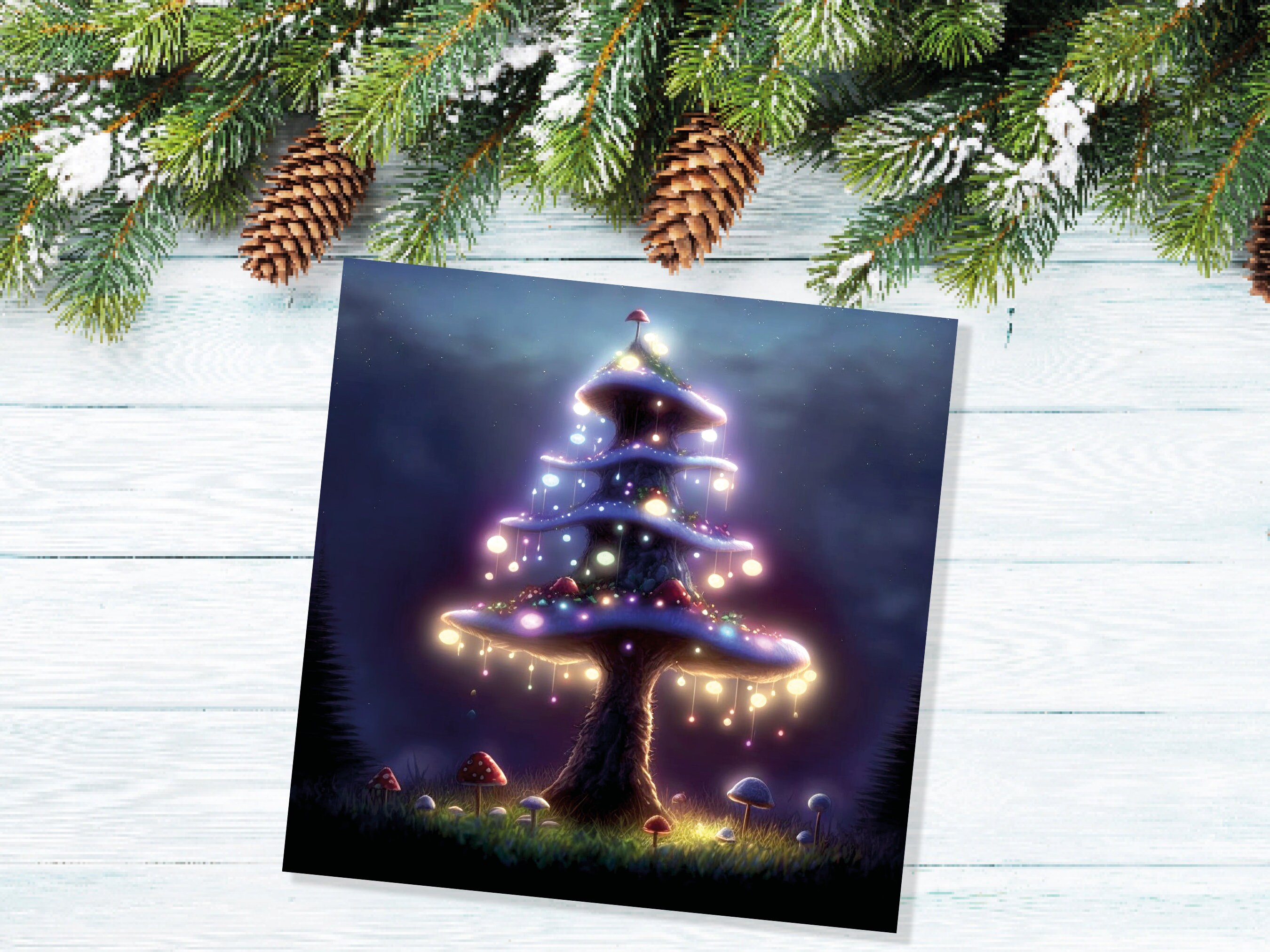 Magical Mushroom Tree House Card Purple Golden Glowing Fairycore Fairytale Fairy Lights Unique Whimsical For Family Friends Christmas Thanks - View 7