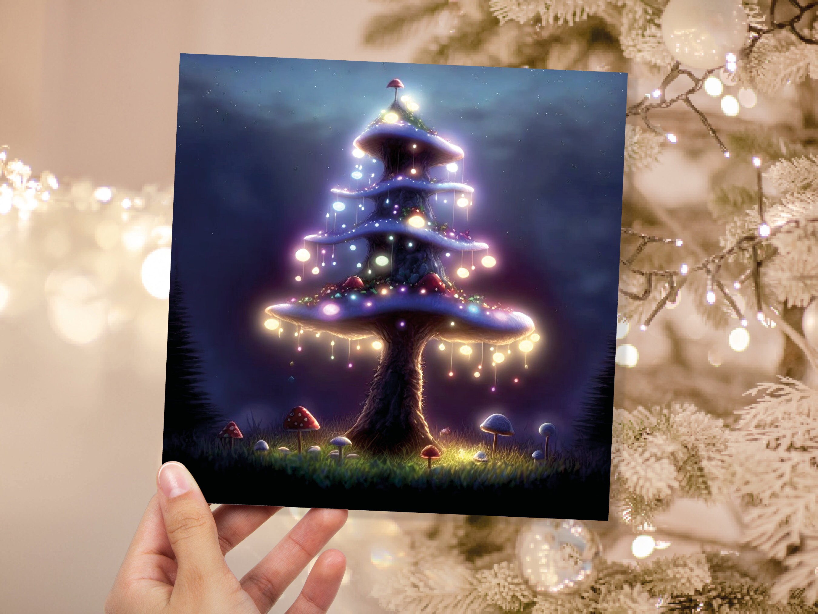 Magical Mushroom Tree House Card Purple Golden Glowing Fairycore Fairytale Fairy Lights Unique Whimsical For Family Friends Christmas Thanks - View 8